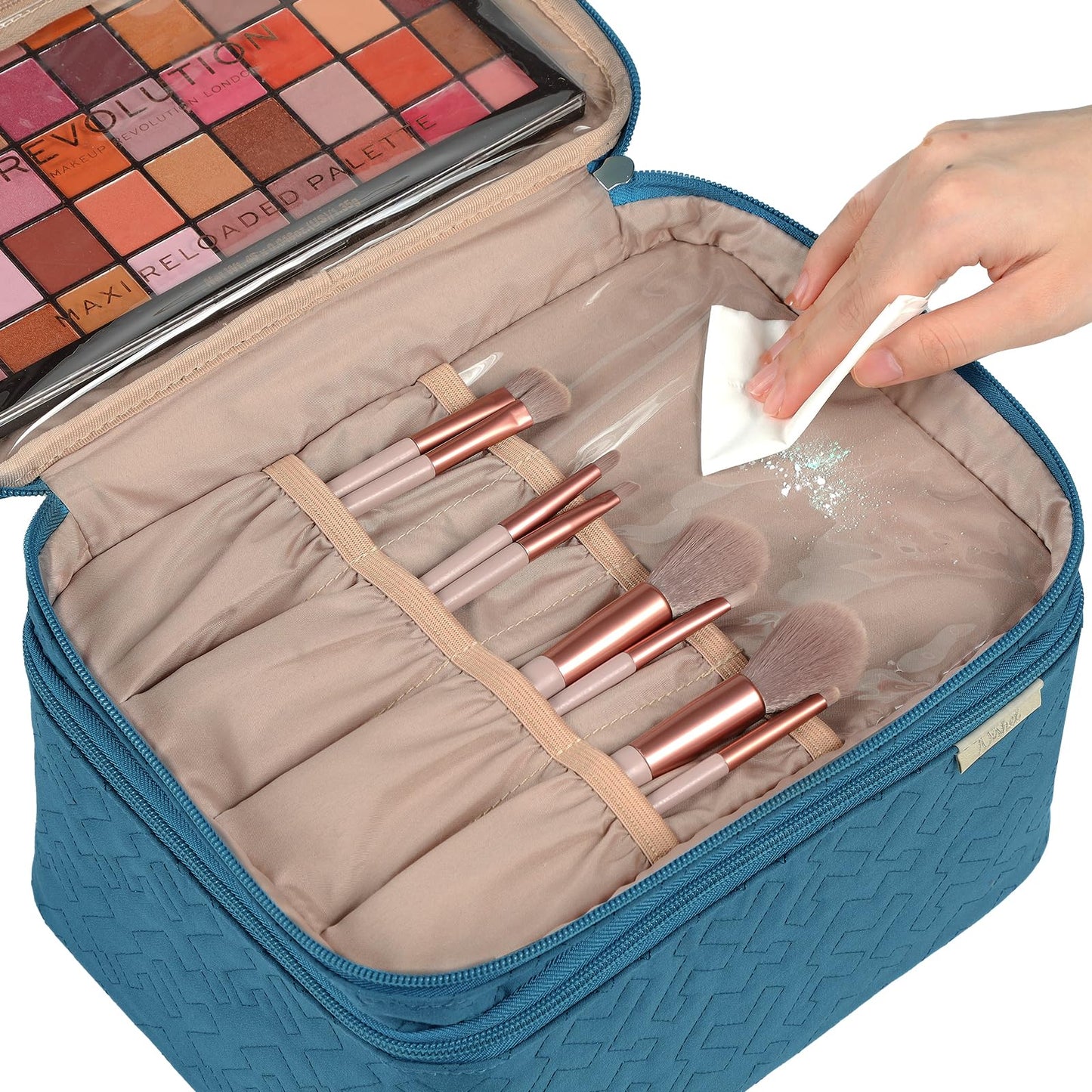 NISHEL Large Double Layer Travel Makeup Bag Women, Cosmetic Case, Organizer for Travel-Size Accessories Bottles, Brushes, Conditioner, and Skin Care Products, Lake Blue
