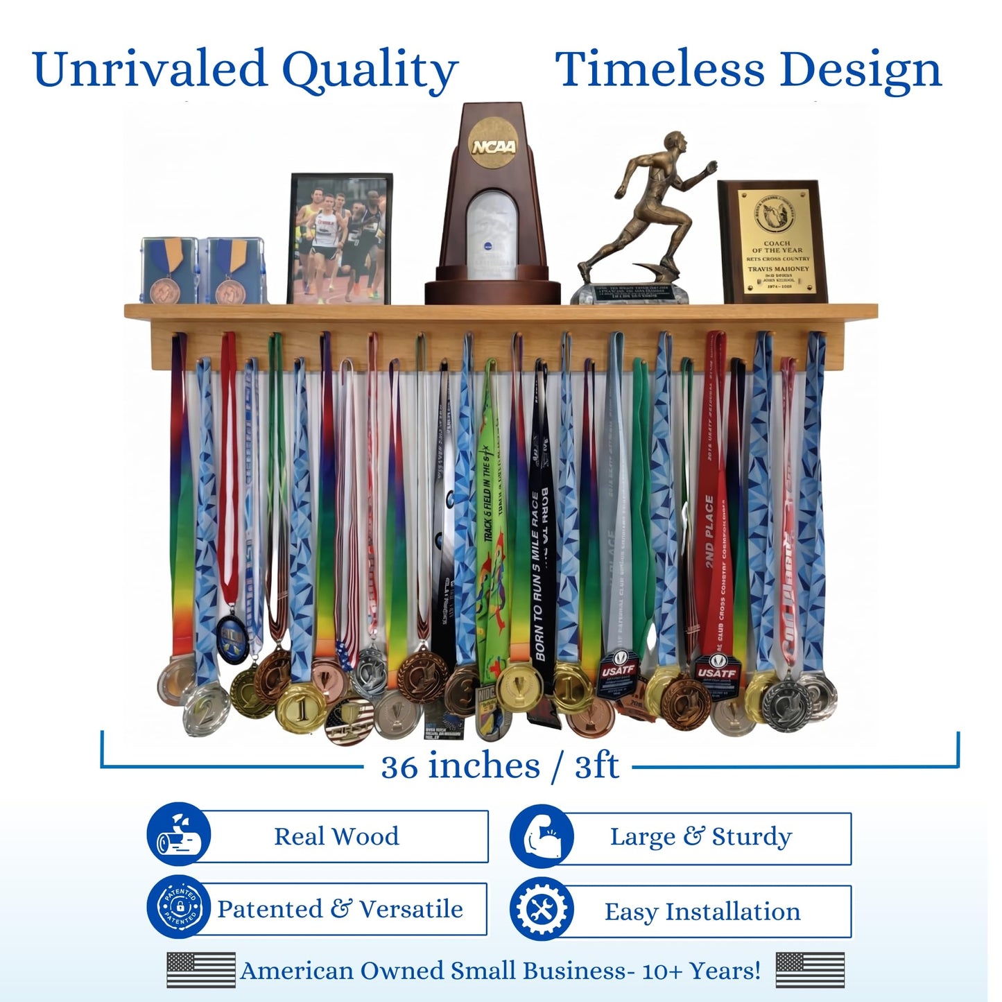 MedalAwardsRack 3ft- Ultimate Medal Hanger Display and Trophy Shelf - Multi-Sport Trophy and Medal Holder for Medal Display, Plaques, Pictures, Trophies and more. Solid Wood - Large 36" - Walnut