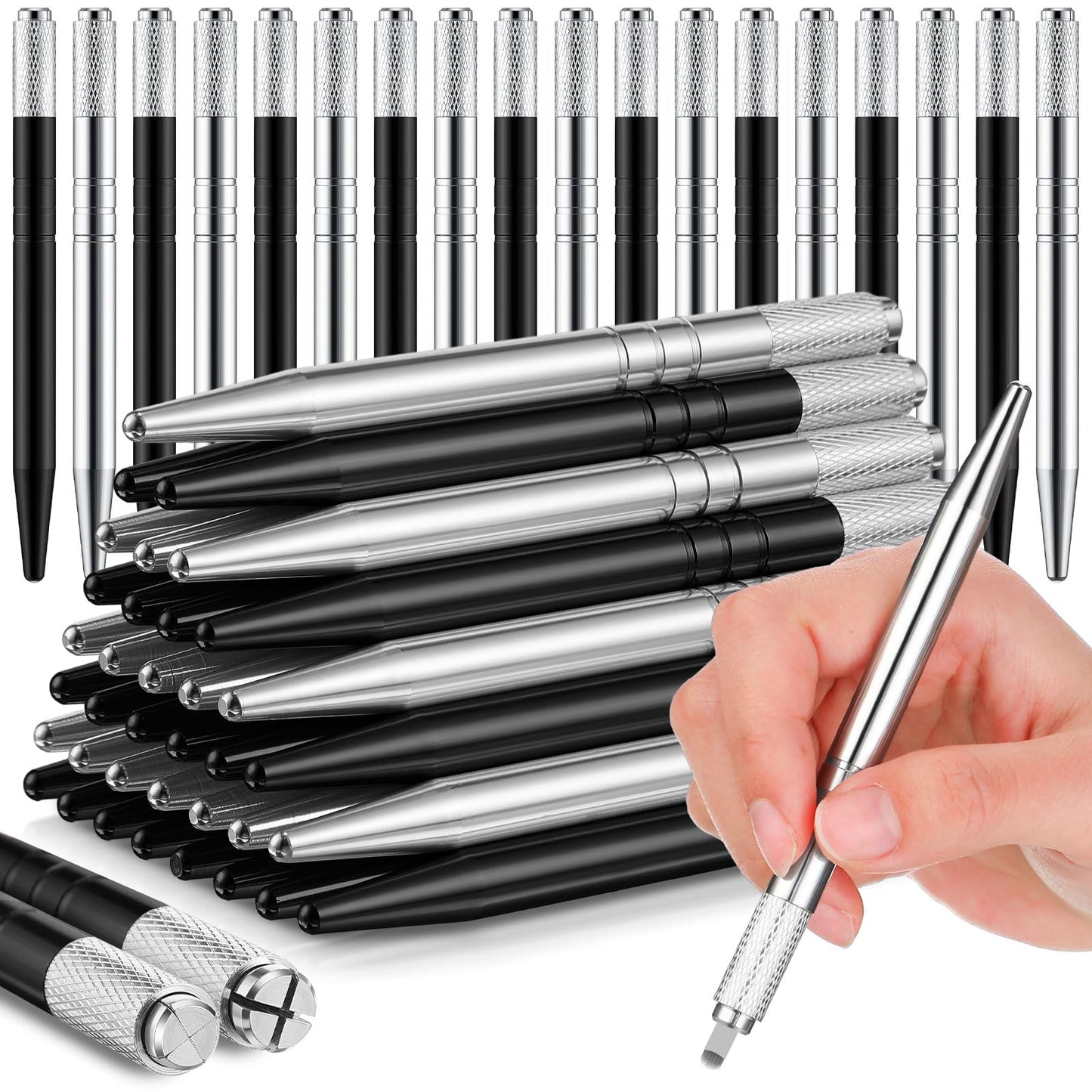 Gisafai 100 Pcs Microblading Pen Manual Eyebrow Pens Supplies Aluminum Microblade Pen Tool Holder Hand Tools for Makeup Supplies Salons (Silver,Black)