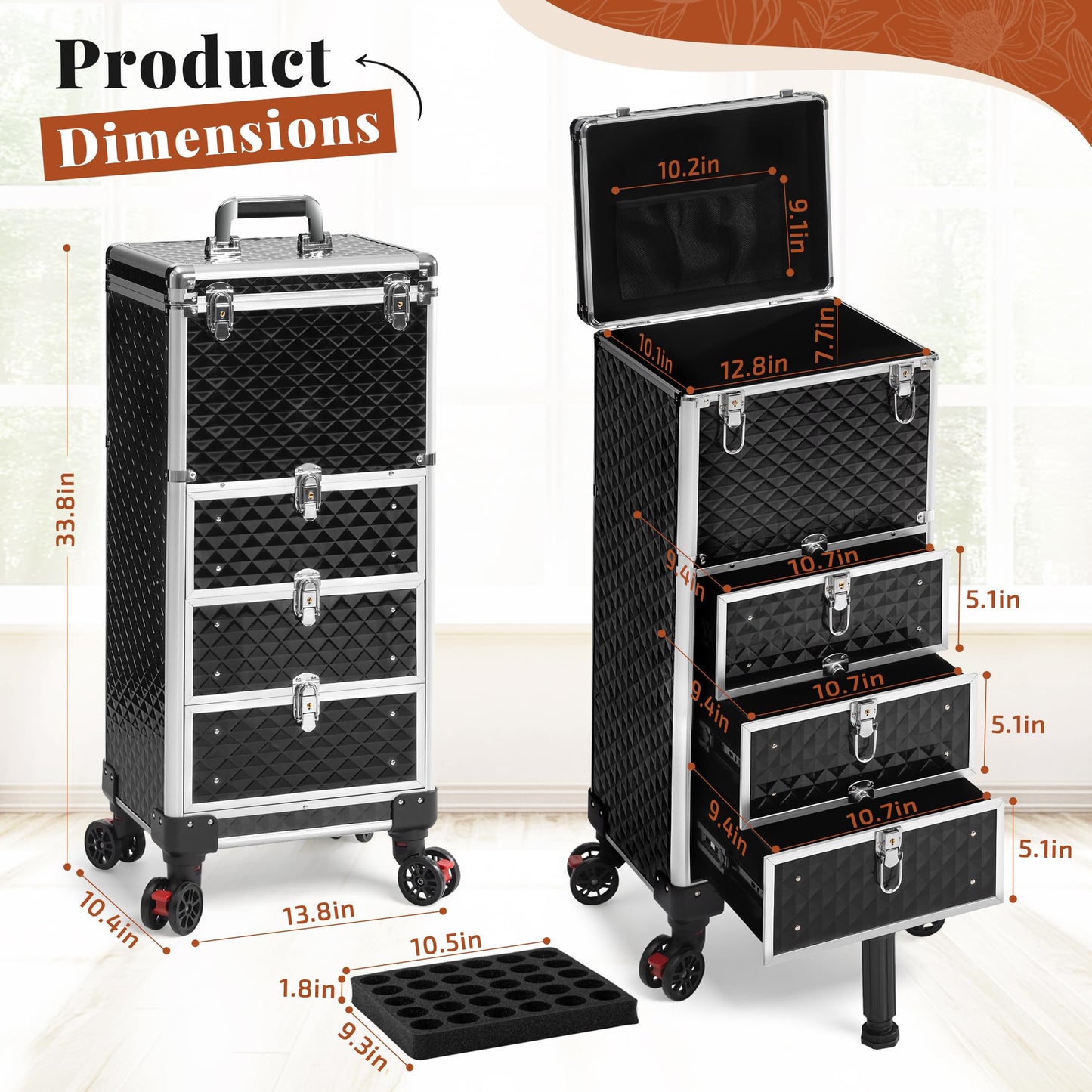 JINGUAN Rolling Makeup Train Case with 3 Drawers, Nail Trolley Cart Salon Station Cosmetology Case on Wheels Organizer Cases for Nail Tech,SPA,Face Painting,Hairstylist,Makeup Artist (Silver & Black)