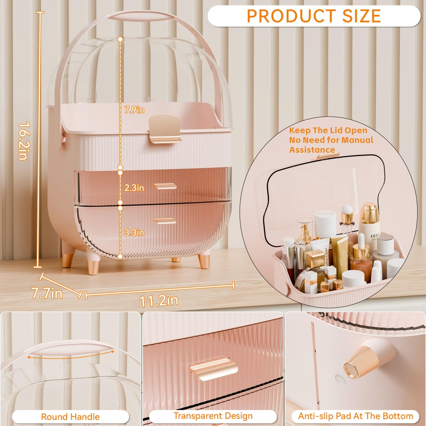 Yieach Countertop Makeup Organizer With Lid,Large Skincare Organizers With 2 Drawers,Dustproof Cosmetic Display Cases for Bathroom,Dresser,Lotion,Beauty,Skin Care Holder,Makeup Storage Organizer,Pink