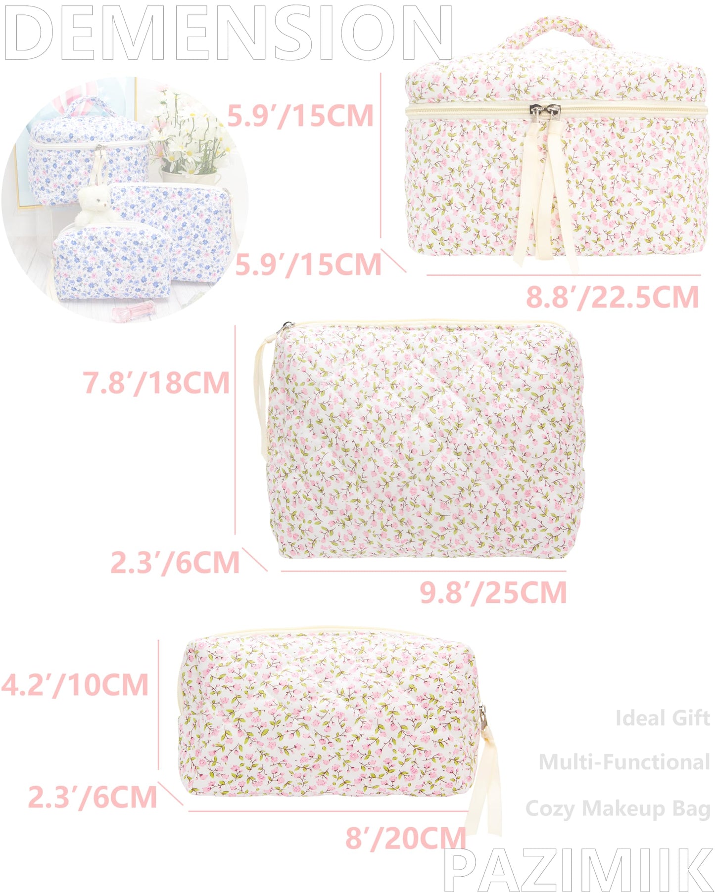 3PCS Makeup Bag SET Large Travel Quilted Zipper Soft Cosmetic Case Pouch for Women Girls Make Up,Floral Pink
