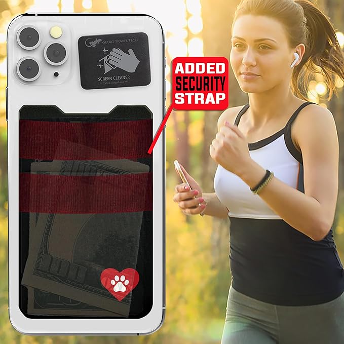 Gecko Travel Tech Double Pocket - Adhesive Card Holder - Cell Phone Pouch - Stick on Spandex Pocket - Carry Credit Cards and Cash - DOG HEART