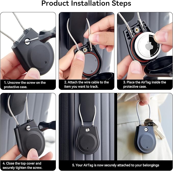 for AirTag Holder, Airtag Lock Case with Wire Cable, IPX8 Waterproof, for Luggage, Key Ring Key Chain Luggage tag Backpack (4 Pack-Black, Orange, White, Blue)