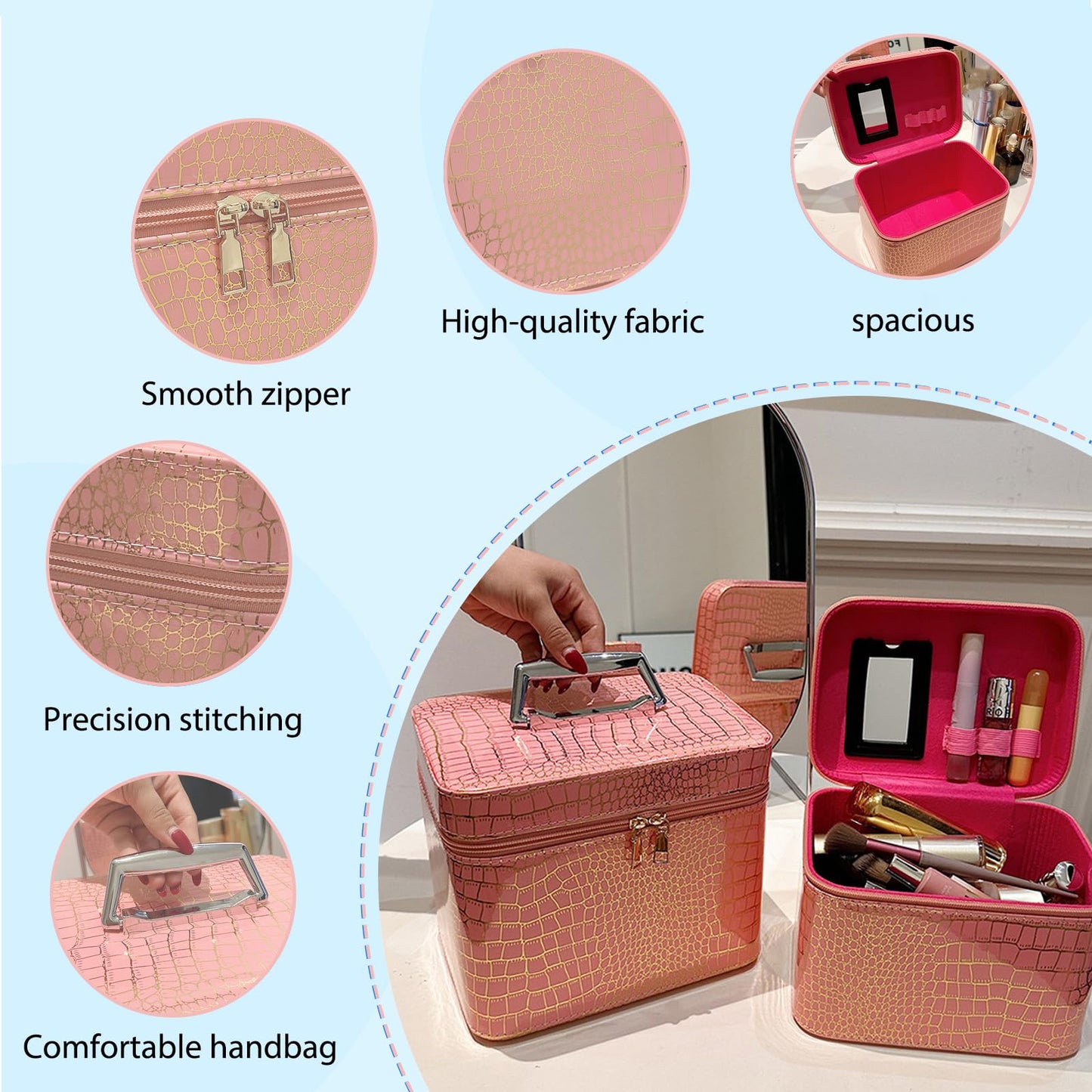 Chic Large Capacity Makeup Bag l Vanity Bag, Structured Cosmetic Organizer with Handle, Water-Resistant Portable Travel Toiletry Bag, Soft PU Leather Makeup Pouch for Women, Daily Use & Travel