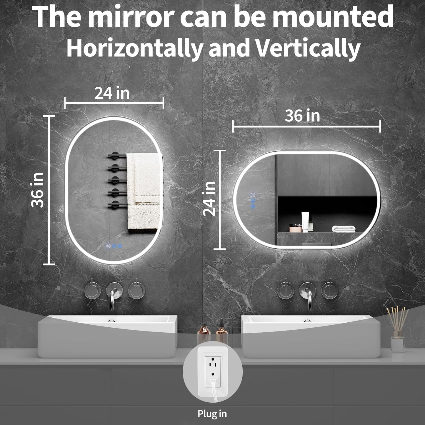WISSMIELS Oval LED Bathroom Mirror, 24"x 36" Frameless LED Mirror with Front Light and Backlit, Anti-Fog, Dimmable Modern Wall Mounted Lighted Mirror, Pill-Shaped Smart Mirror Bathroom