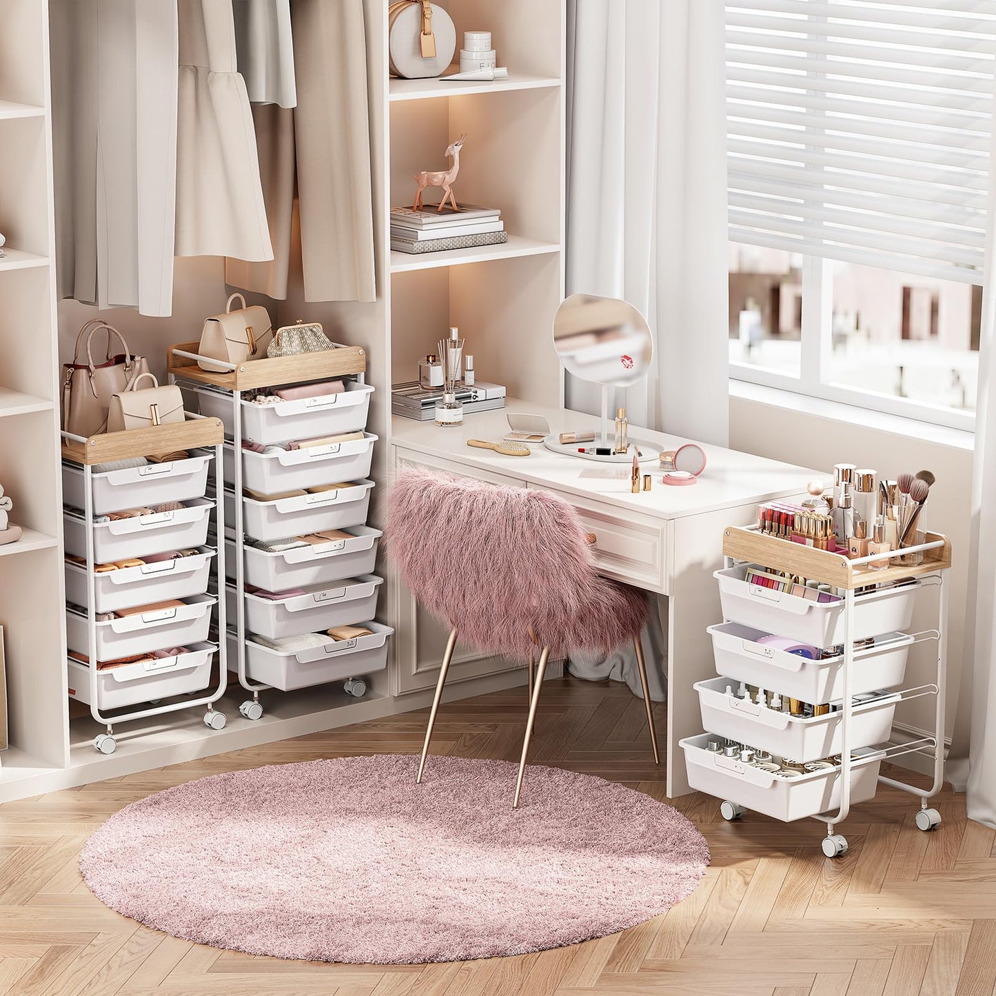SYKIARIOL Rolling Cart with 6 Drawers,Utility Storage Cart with Drawers,Art Craft Organizers and Storage,Makeup Organizer with Wooden Tabletop,White
