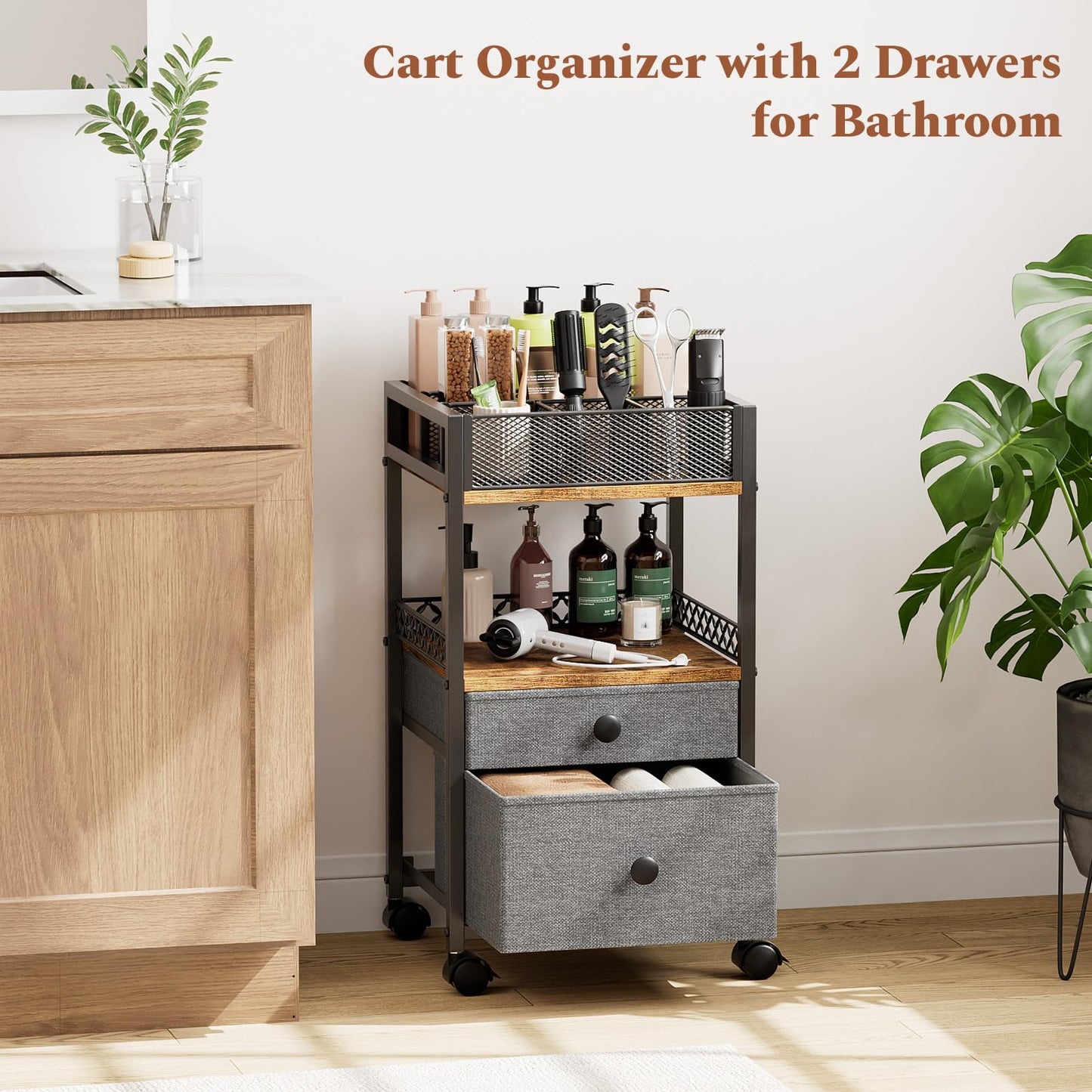 Plaviya Rolling Makeup Cart Organizer, Under Desk Skin Care Storage with 2 Drawers, Floor Vanity Organizer Bathroom Storage for Perfume Skin Care Nail Polish, Black