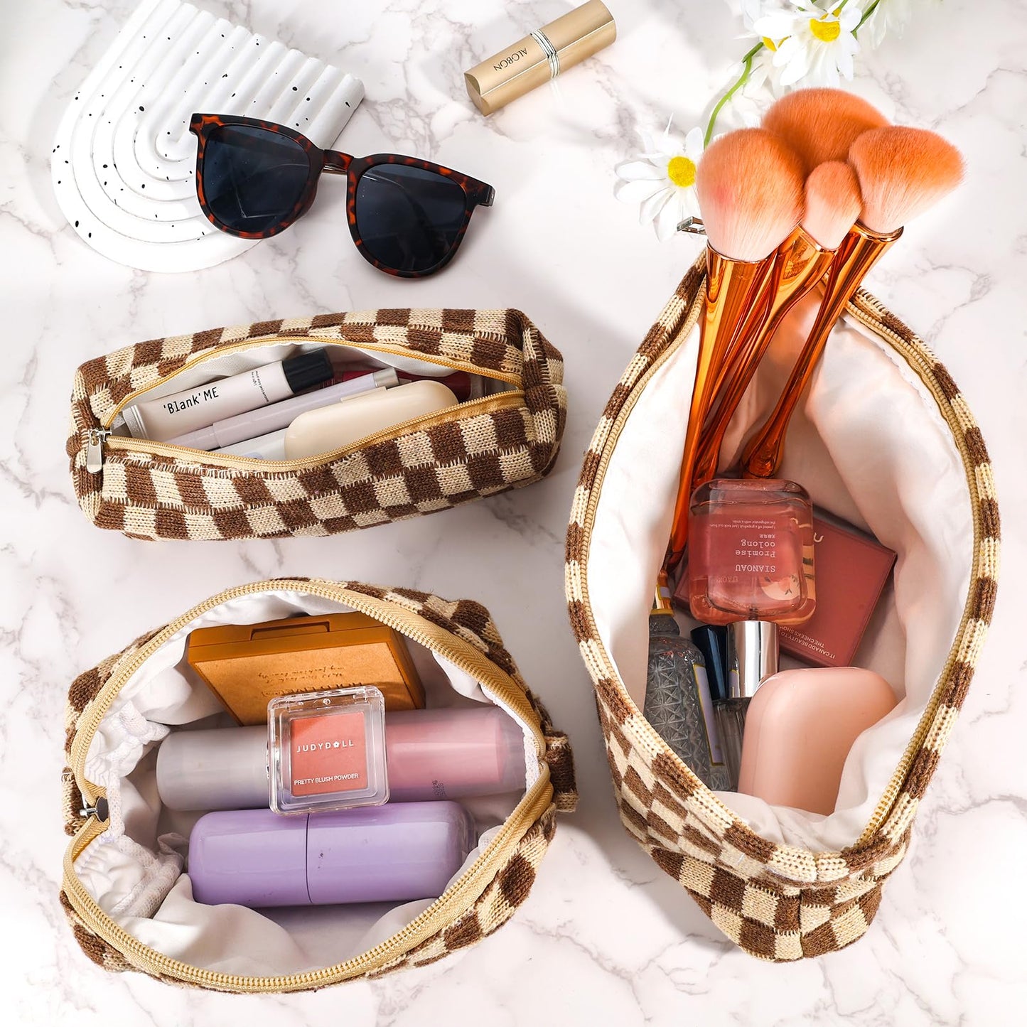 ZLFSRQ 3Pcs Checkered Makeup Bag for Women Large Small Checkered Cosmetic Bag Set Aesthetic Preppy Pencil Case Cute Pencil Pouch Brown Makeup Pouch for Purse Travel Toiletry Bags Zipper Skincare Bags