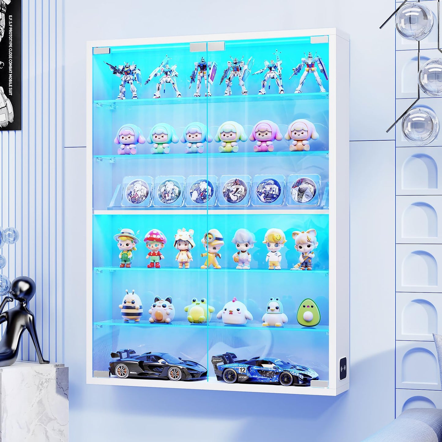 Aauro Home 6-Tier Wall Display Case with Glass Doors, LED Display Cabinet with Adjustable Glass Shelves, Display Case for Collectibles, White