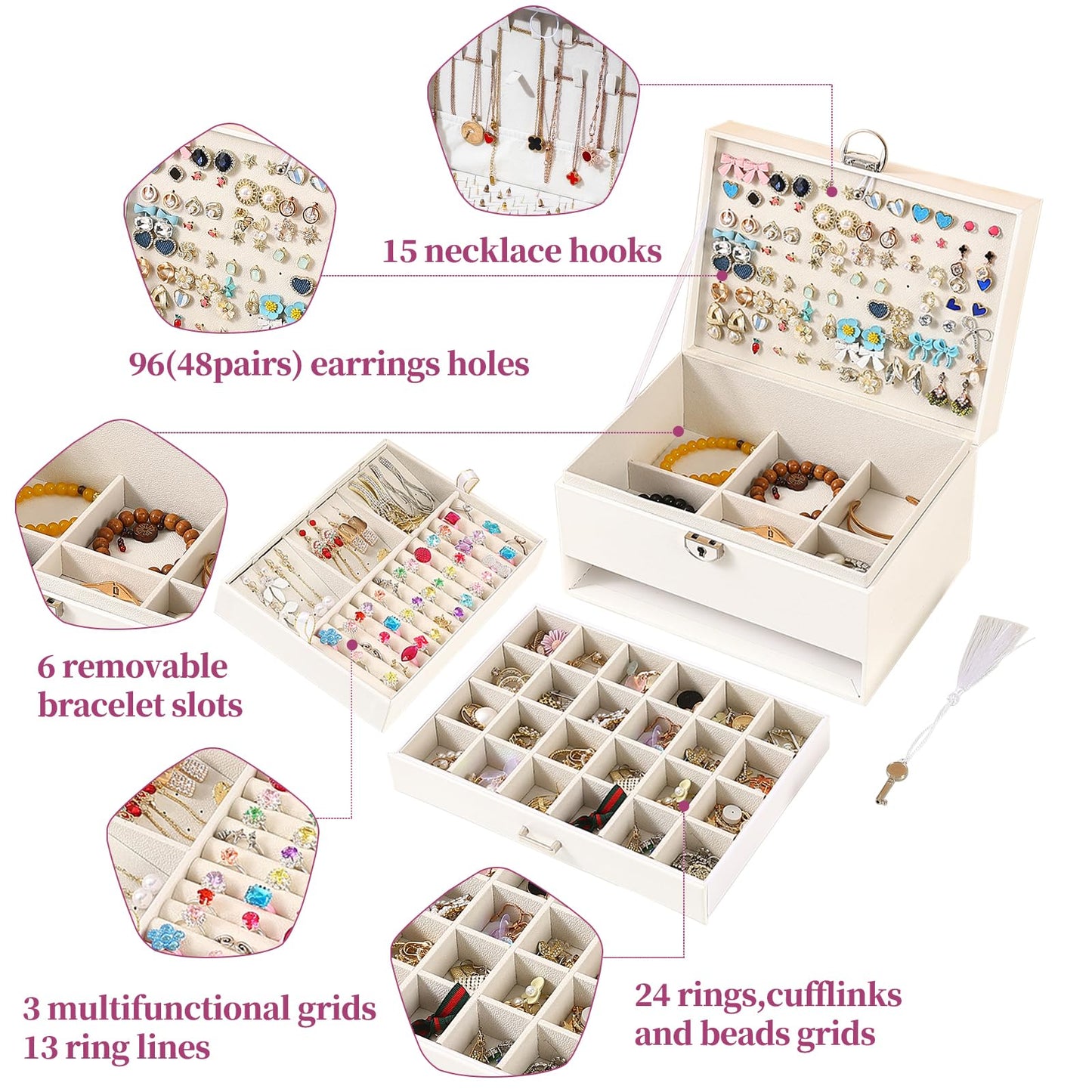 BOOVO Earring Jewelry Box For Women Girl Stud Organizer, 5 Layers Girl Jewelry Organizer Box With Lock Earring Holder Organizer Necklace Ring Jewelry Organizer Box For Girls (White, 5 layer)