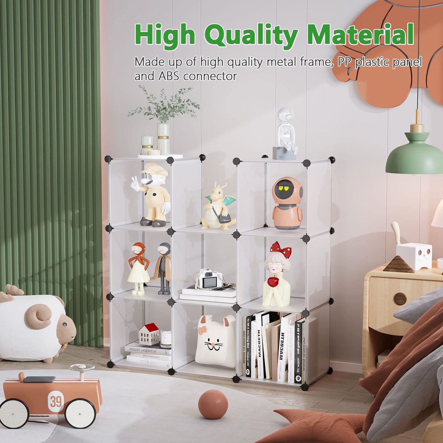 C&AHOME Cube Storage, 9-Cube Plastic Closet Cabinet Organizer, DIY Stackable Bookshelf, Modular shelving Units Ideal for Home, Office, Kids Room, 36.6"L x 12.4" W x 48.4" H Translucent White SBTM3009A