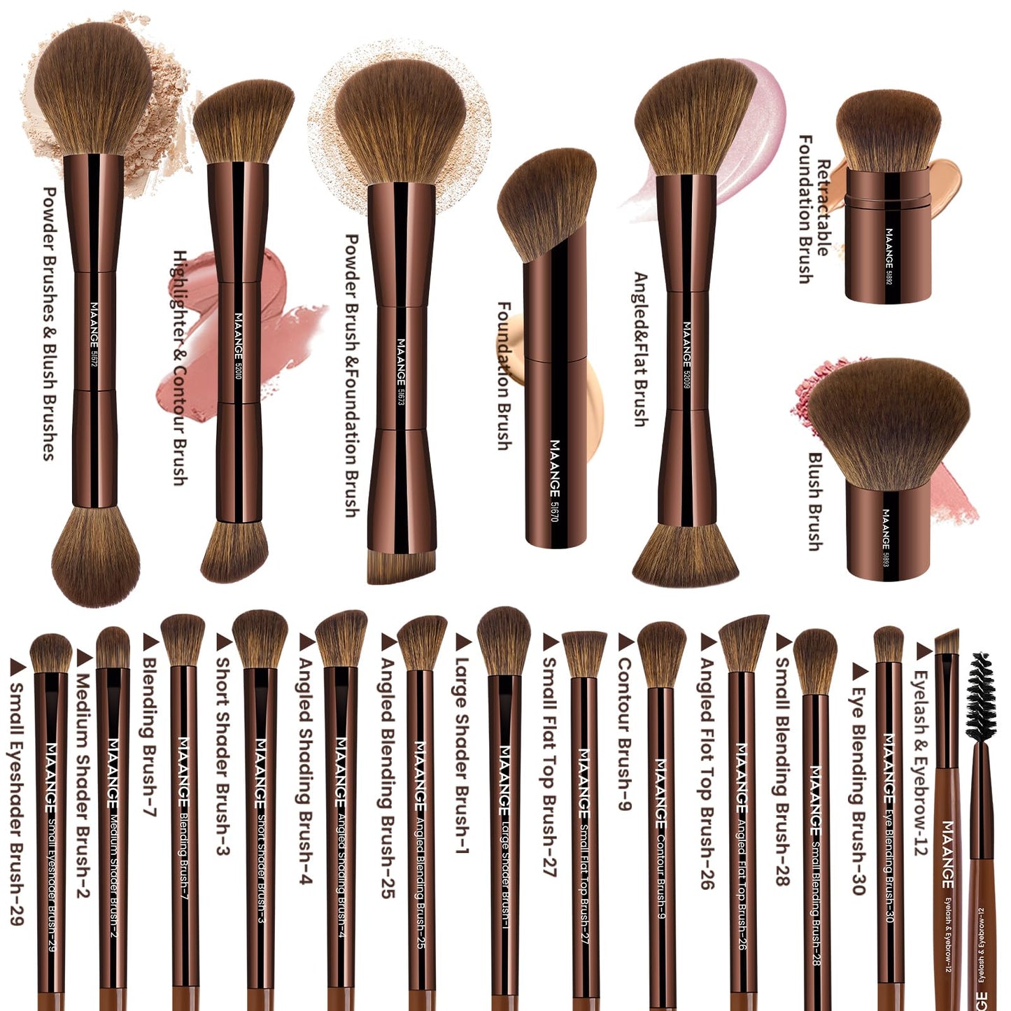 MAANGE 20 Pcs Makeup Brushes with Gift Box, Double-End Multi-functional Makeup Brushes for Blending Liquid Powder Concealer Cream Blush Buffe,Dark Brown