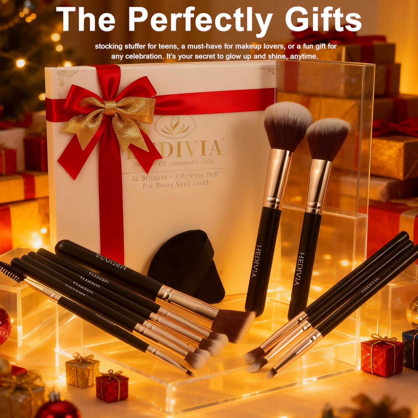 HEDIVIA Black Makeup Brushes Set 14 Pcs Professional, Premium Synthetic Foundation Makeup Brush Concealer Powder Blush Eyeshadow Brushes with 2 Powder Puff & Dual-ended Mask Applicator.Gifts for Girls
