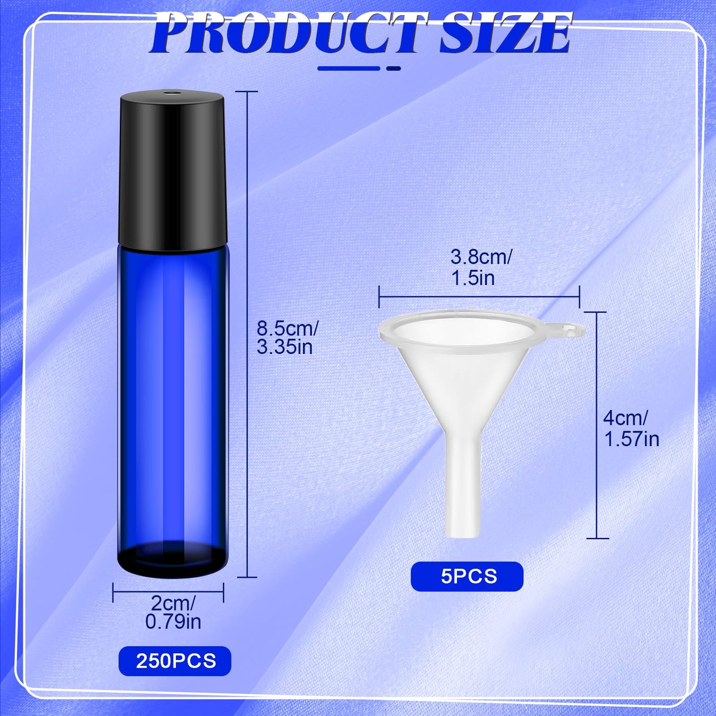 Sumind Essential Oil Roller Bottles - 250 Pcs, 10 ml Glass, Stainless Steel Roller Balls, Leakproof, Funnel Included(Blue)