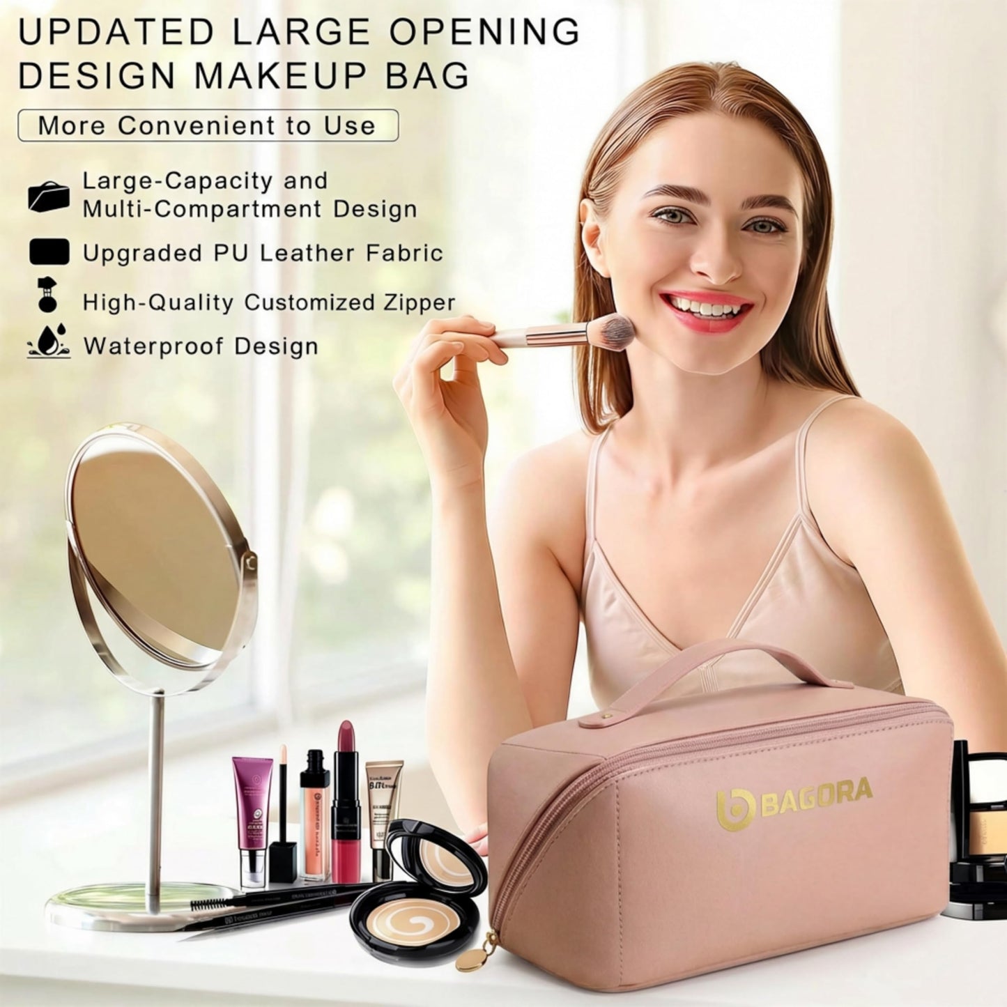 BAGORA Large Capacity Travel Makeup Bag for Women, Waterproof Cosmetic & Toiletry Organizer with Wide Opening, Clear Divider, Brush Holder and Handle (Pink)