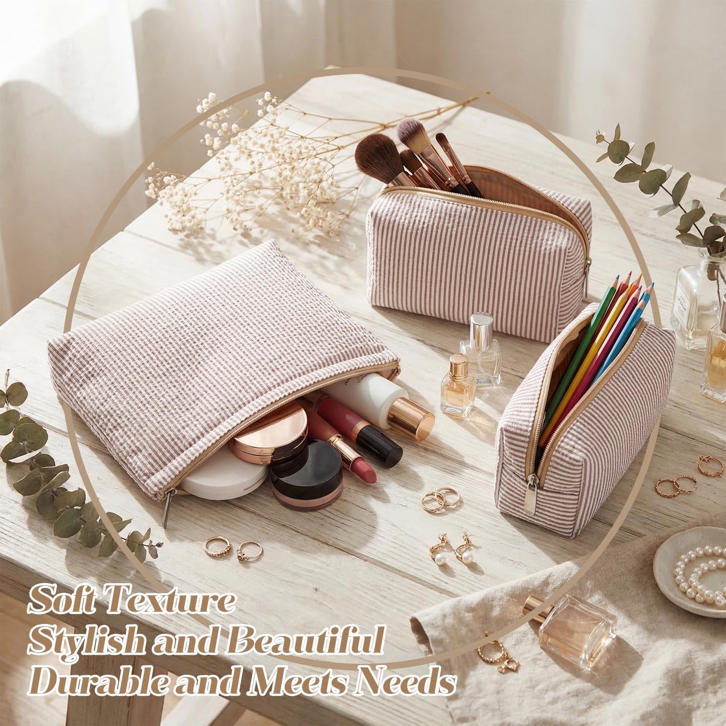 Huhumy 3 Pcs Makeup Bag Set Cute Stripe Cosmetic Pouch for Women Aesthetic Seersucker Travel Toiletry Bag Set Preppy Small Makeup Purse Pouch Cosmetic Organizer Pencil Case with Zipper(Khaki)
