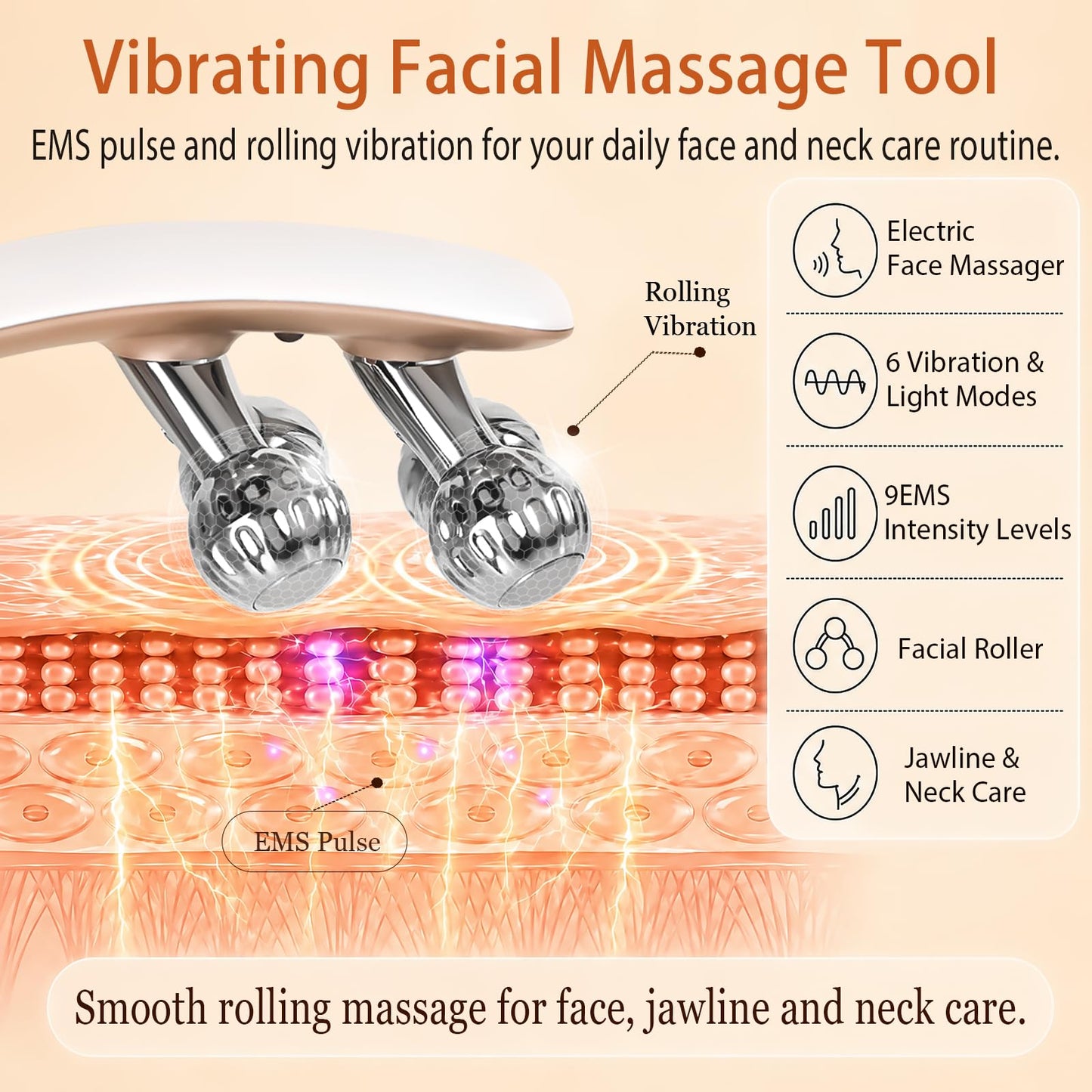 SZMDLX Wireless Face Massager Tool, 8-Roller 3D Face Roller for Women, LED Facial Massager,V-Shape Face Sculpting Tool for Jawline, 6 Light & Vibration Modes, USB-C Rechargeable