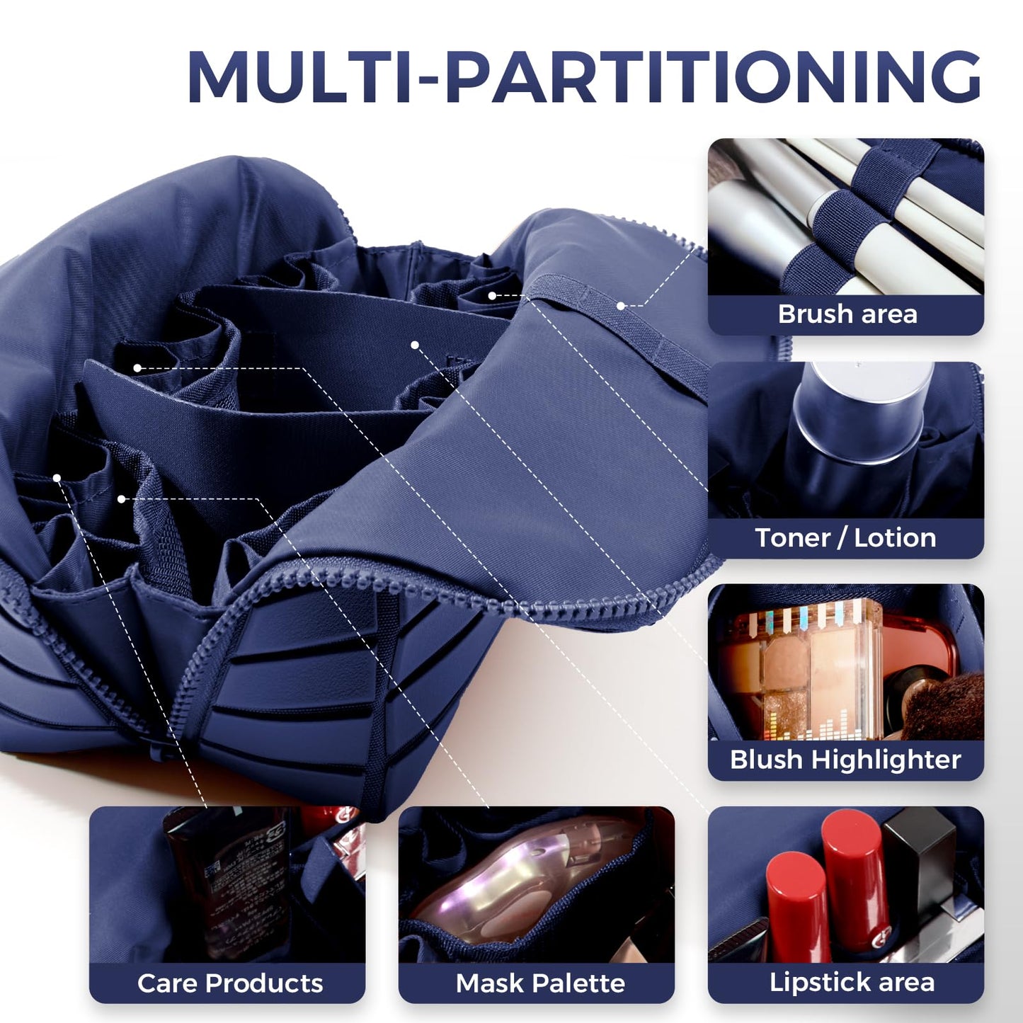 Travel Makeup Organizer Bag with Fold-Down Design and Adjustable Dividers, 27 Pockets & 3 Brush Storage Holders, Large Capacity Cosmetic Bags Toiletry Case - Navy Blue