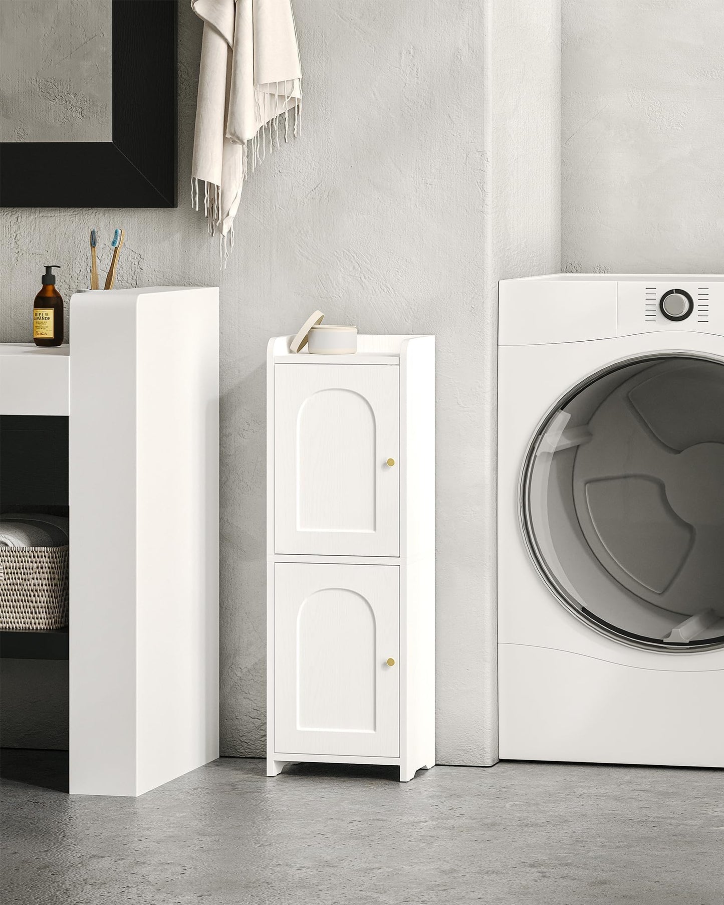 Hzuaneri Bathroom Storage Cabinet, Small Corner Floor Cabinet with 2 Doors and Adjustable Shelf, Narrow Toilet Paper Cabinets, Bathroom Organizer for Small Spaces, 7.9" D x 9.8" W x 29.5" H White