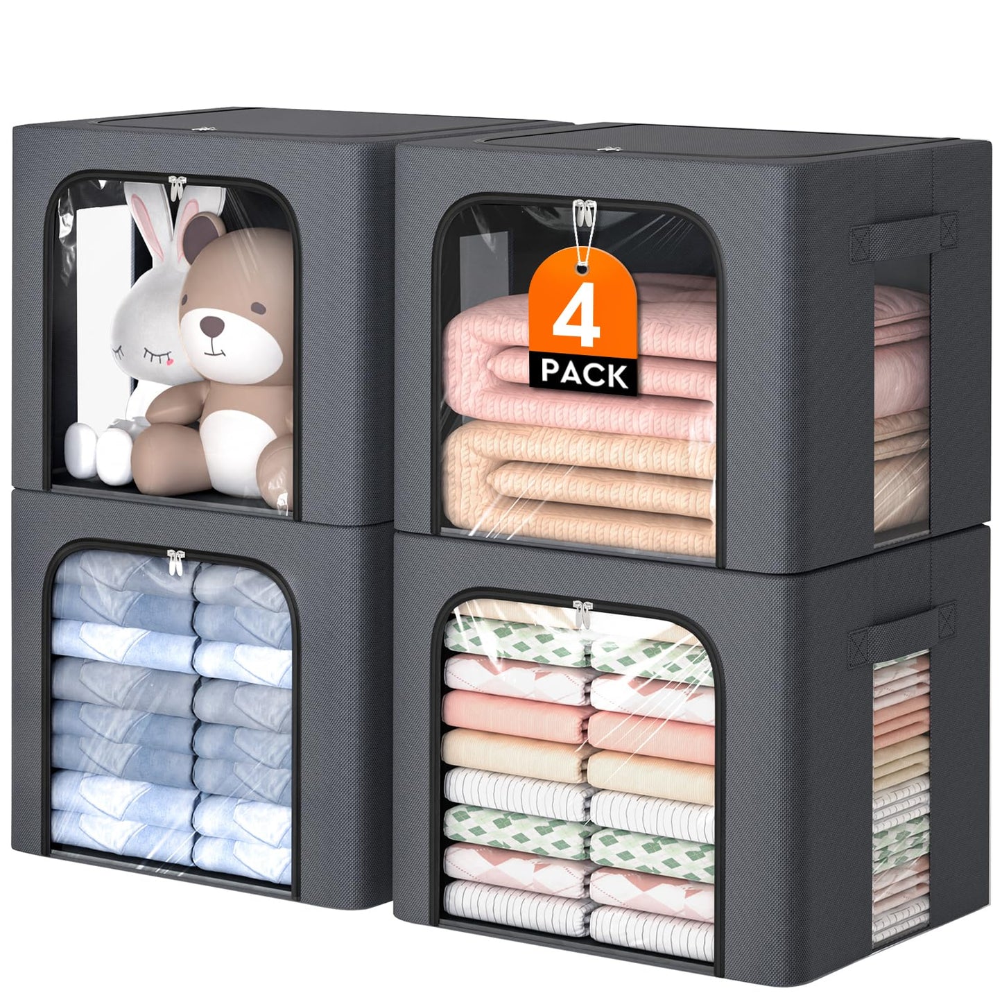 4 Pack Clothes Storage Bins with Metal Frame, 40L Foldable Fabric Storage Boxes with Clear Window, Front & Top Zipper Openings, Stackable Organizer Bins with Handles for Closet & Bedroom (Light Grey)