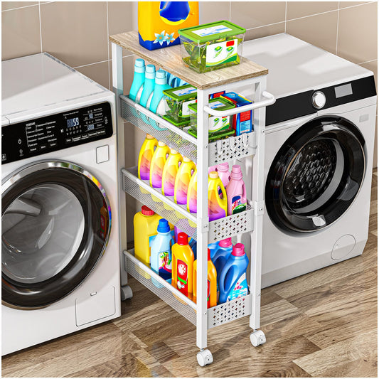 Vivihomety Utility Slim Storage Cart with Wheels, 4 Tier Small Rolling Cart with Wood Top, Metal Kitchen Bathroom Laundry Room Organization Trolley with Handle for Narrow Space - White