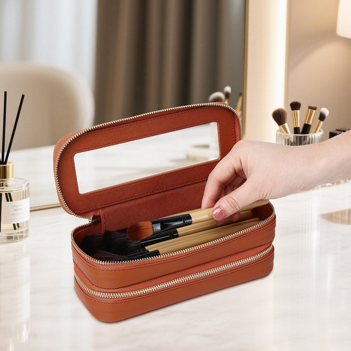 LOFOWN Double Layer Makeup Bag Makeup Brush Case Waterproof Travel Cosmetic & Toiletry Bag Purse Organizer and Car Essentials for Women (Brown, 2-Layer SLIM)