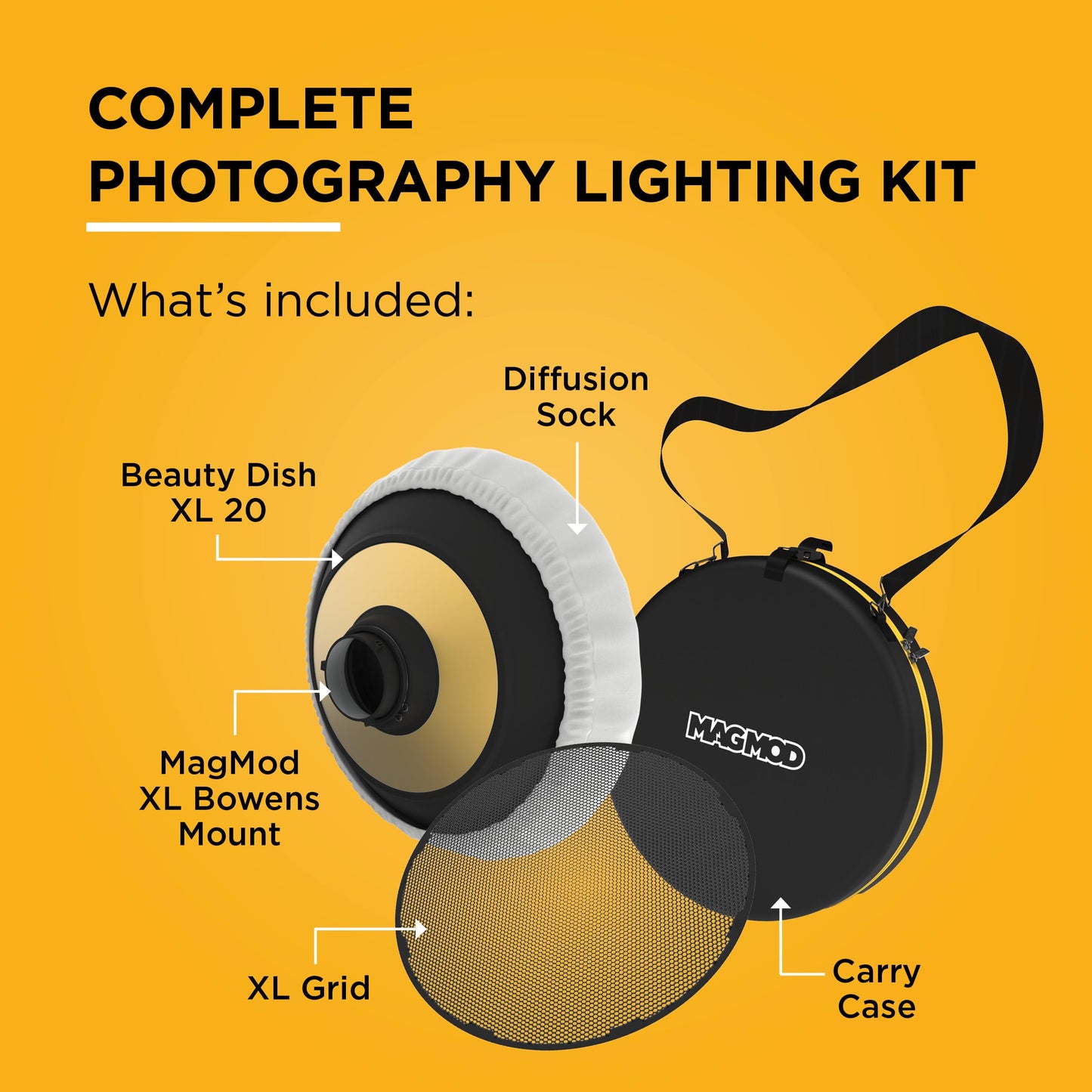Beauty Dish XL 20 Pro Kit by MagMod, Collapsible Magnetic 20" Beauty Dish for Flattering Portrait & Studio Photography, Includes Bowens Mount, Grid & Diffusion Sock, Compatible with Godox & Profoto