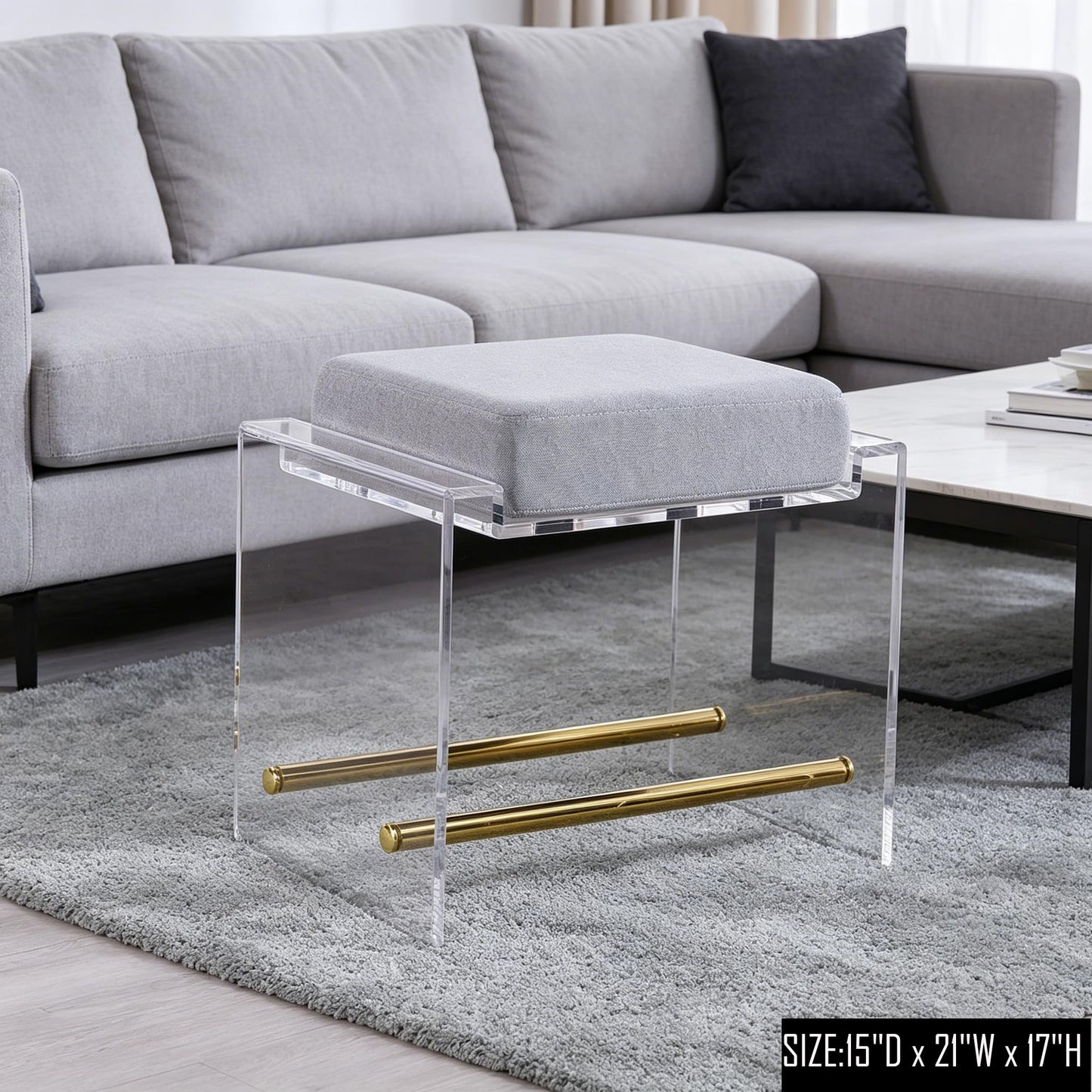 LIKENOW Furniture Acrylic Ottoman,Vanity Stool,Foot Rest Ottoman with Cushion for Living Room Makeup Room,Office,Hotel,Rectangular,Modern,Small,20''x14''x17'' High,15.9 Lbs