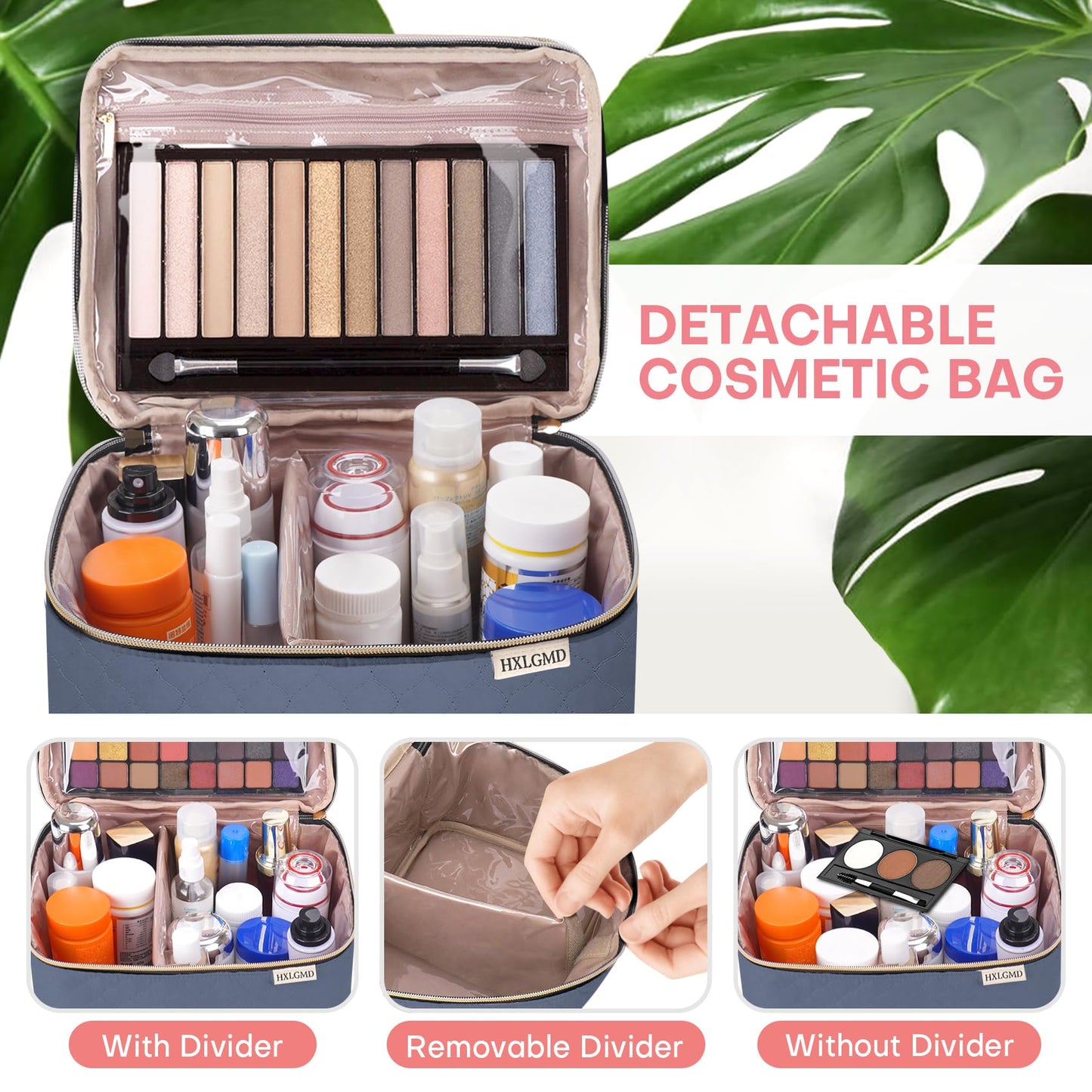HXLGMD Large Makeup Bag with Mirror Double Layer Travel Make Up Organizer Case, Large Capacity Coemetic with Brush Slot Divider, Travel Toiletry Bag for Women (Aegean Blue)