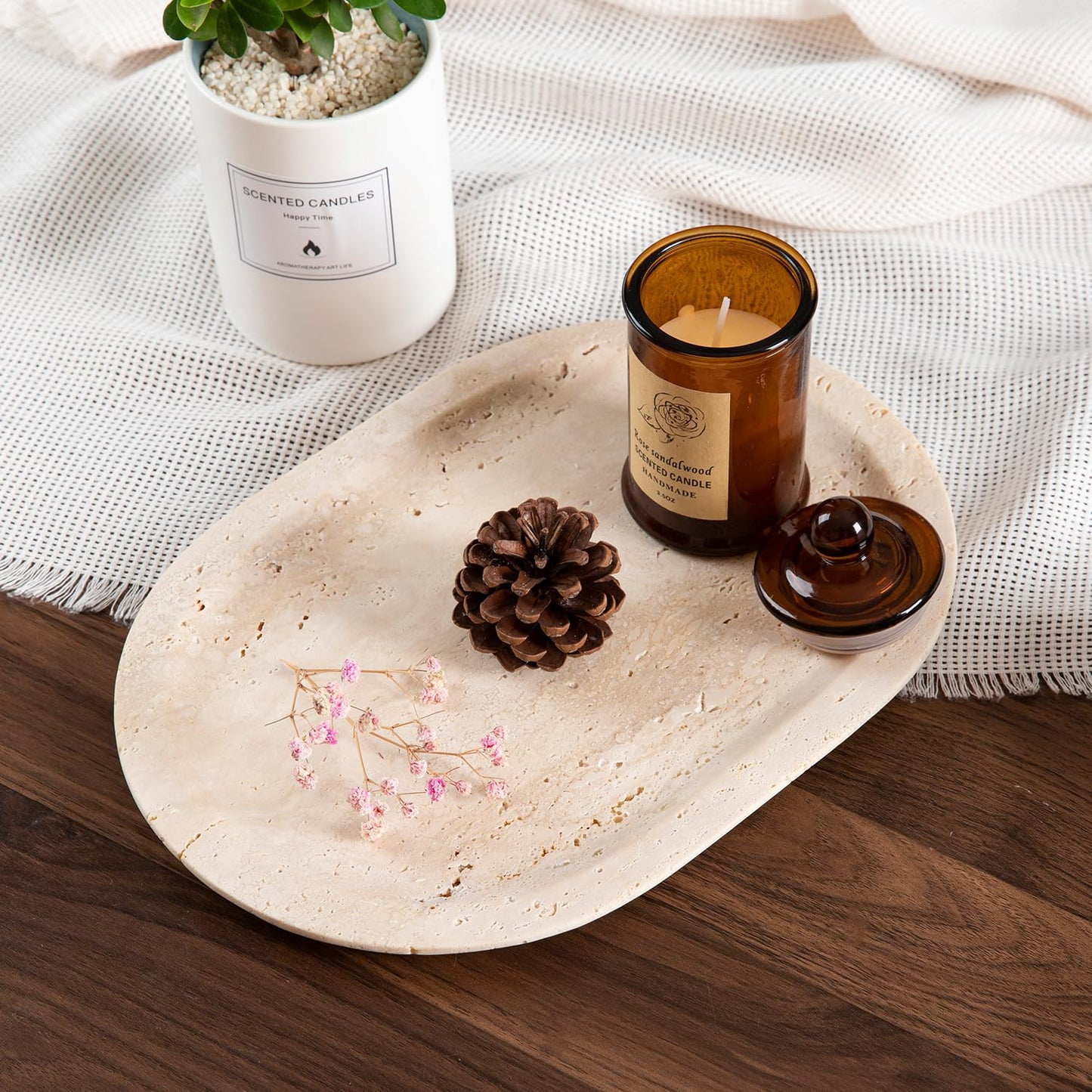 WANJINGYULE Natural Marble Decorative Tray Bathroom Counter Perfume Organizer Vanity Tray for Home Decor, Jewelry Candle, Coffee Table, Soap Holder Dresser Countertop Accessories 8"x11" Travertine
