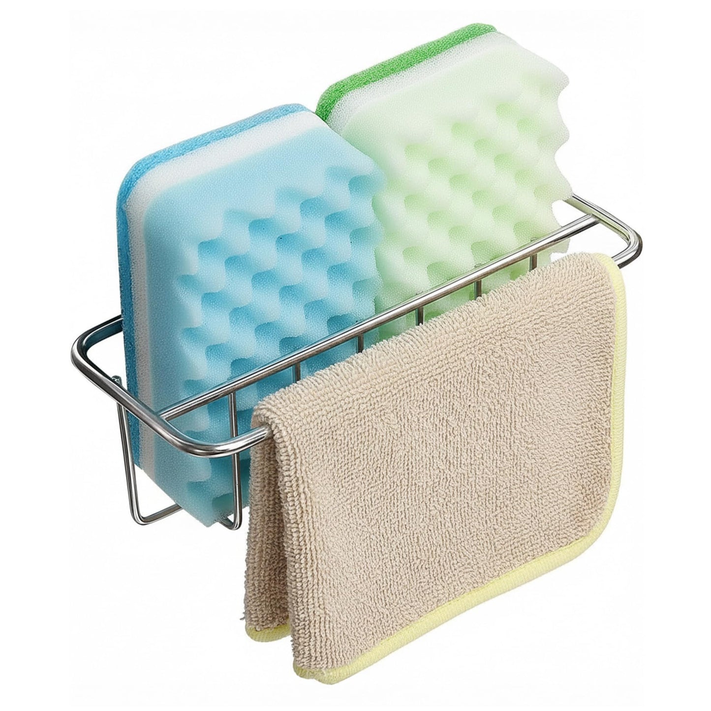 KESOL Adhesive Kitchen Sink Sponge Holder + Dish Cloth Hanger + Soap Holder, 2-in-1 Kitchen Sink Caddy, 304 Stainless Steel Rust Proof, Water Proof, No Drilling (Silver)