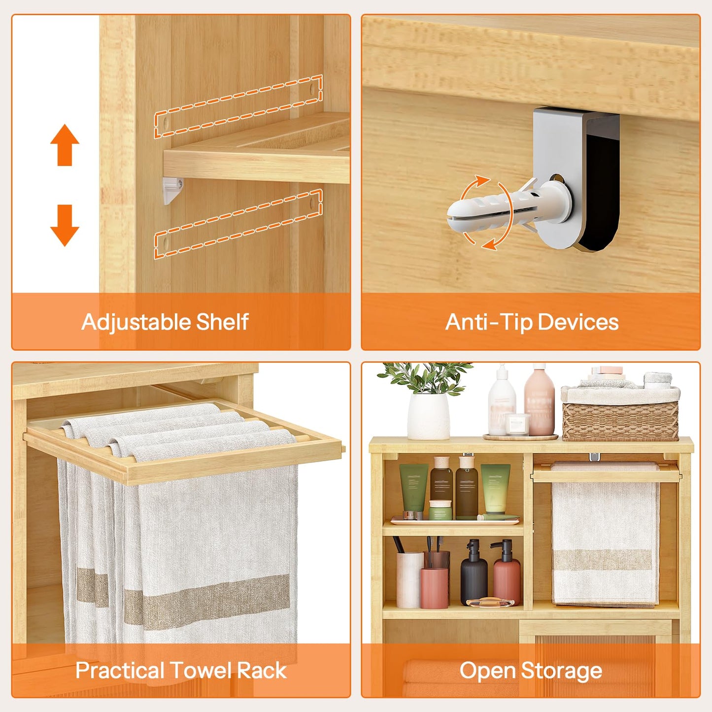 HOOBRO Bathroom Floor Cabinet, Small Bathroom Cabinet with 2 Doors, Floor Storage Cabinet, Bamboo Organizer Cabinet with Adjustable Shelves for Living Room, Dining Room, Entryway, Natural