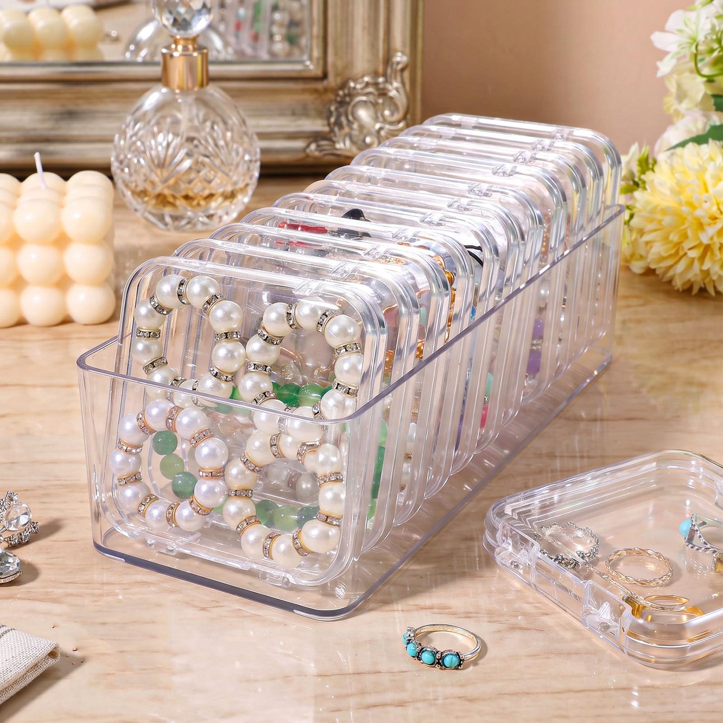 Giloaou 2 Pack Acrylic Jewelry Organizer Box with 24 Portable Small Cases – Clear Storage Tray for Bracelet, Crystal, Ring & Earring Containers, Open Design (Boxes Hold Small Cases)