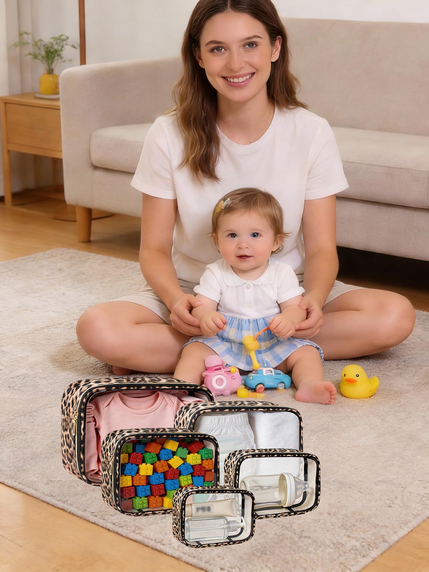 FFpaw TSA Approved 5 Piece Diaper Bag Organizer Pouch Set, Waterproof Clear Toiletry Bag Travel Packing Organizer Bags Clear Makeup Pouch Cosmetic Case with Zipper Car Essentials Bag