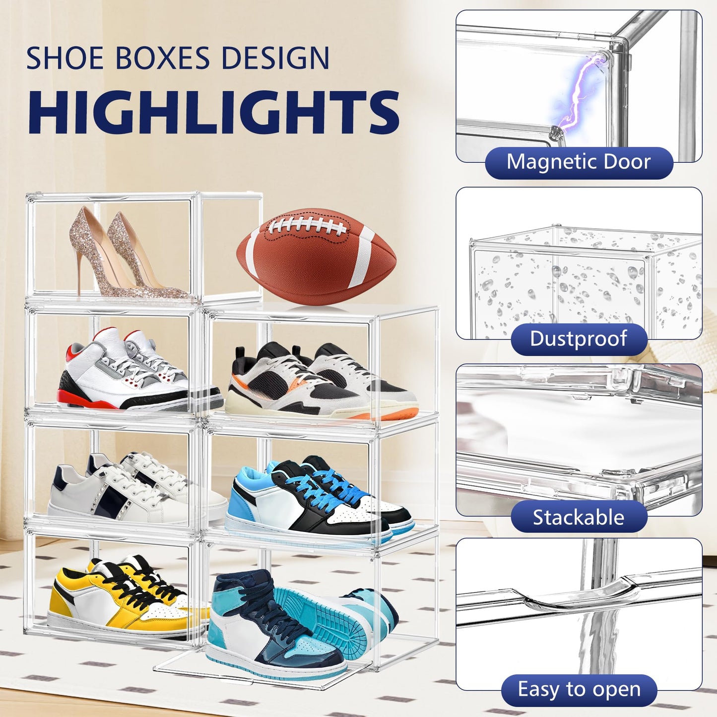 EZJOB 12 Pack Acrylic Clear Shoe Storage Boxes Size 12, Transparent Display Case for Sneaker Collections, Baseball Caps, Hat Organizer Dust-free Shoe Cubbies Stackable Sneaker Boxes