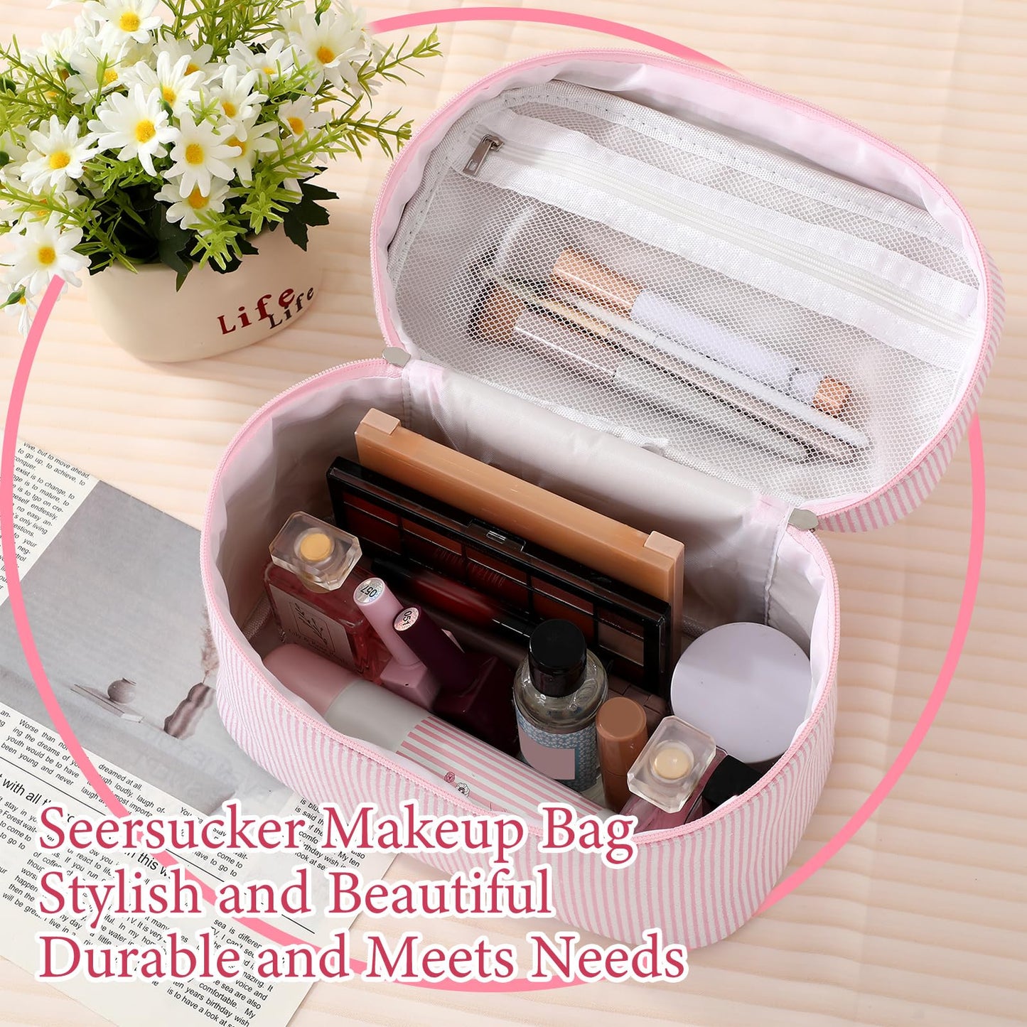 Huhumy Large Makeup Bag for Women Toiletry Bag, Aesthetic Cute Seersucker Cosmetic Pouch, Teen Gift for Her Mom Girlfriend Wife Teacher Aesthetic Skincare Brushes Storage Organizer(Pink)