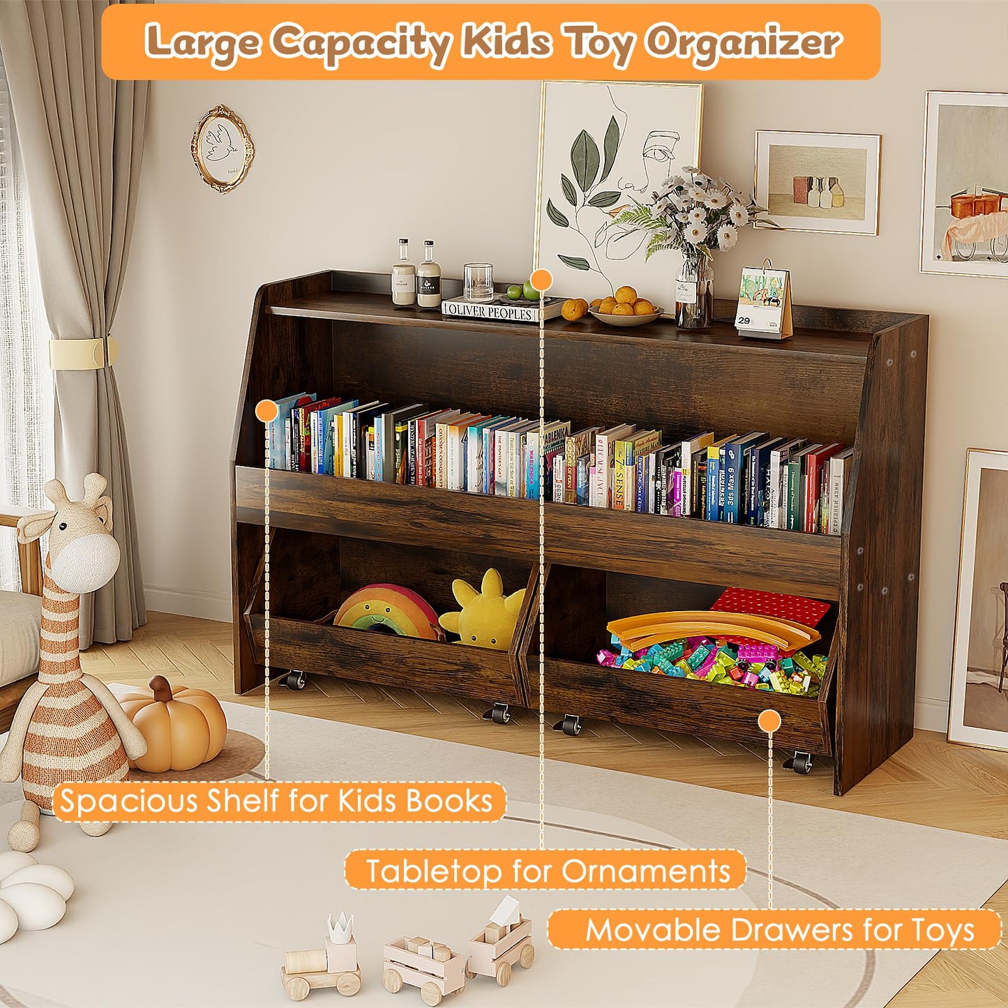 COZPAW 2 Tier Toy Storage Organizer Montessori Shelf with Movable Bins (White)