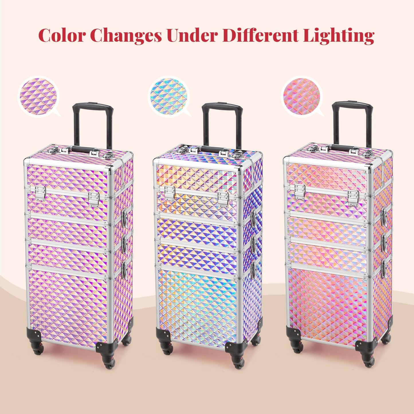 mefeir 4-in-1 Rolling Makeup Train Case Lift Handle,4 Removable Wheels Lockable Keys,Aluminum Cosmetic Trolley Beauty Stylist Artist Organizer Box,Ideal Xmas New Year Gift (Diamond Pink)