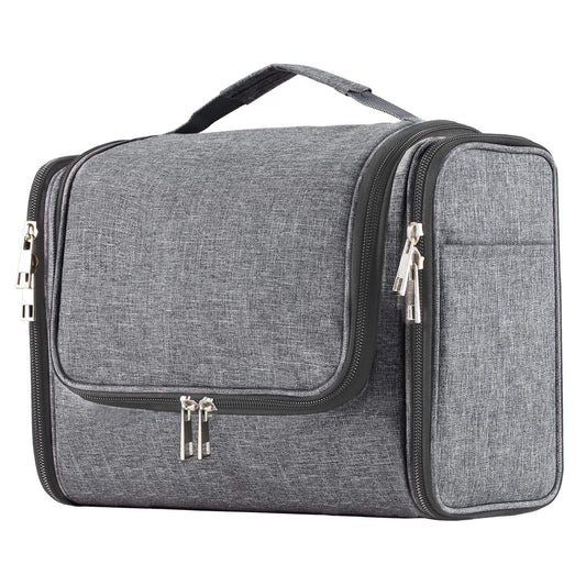 Buruis Hanging Toiletry Bag for Women and Men, Large Water-Resistant Makeup Organizer with Sturdy Hook, Lightweight Nylon Dopp Kit for Full-Sized Toiletries & Cosmetics, Oxford Gray