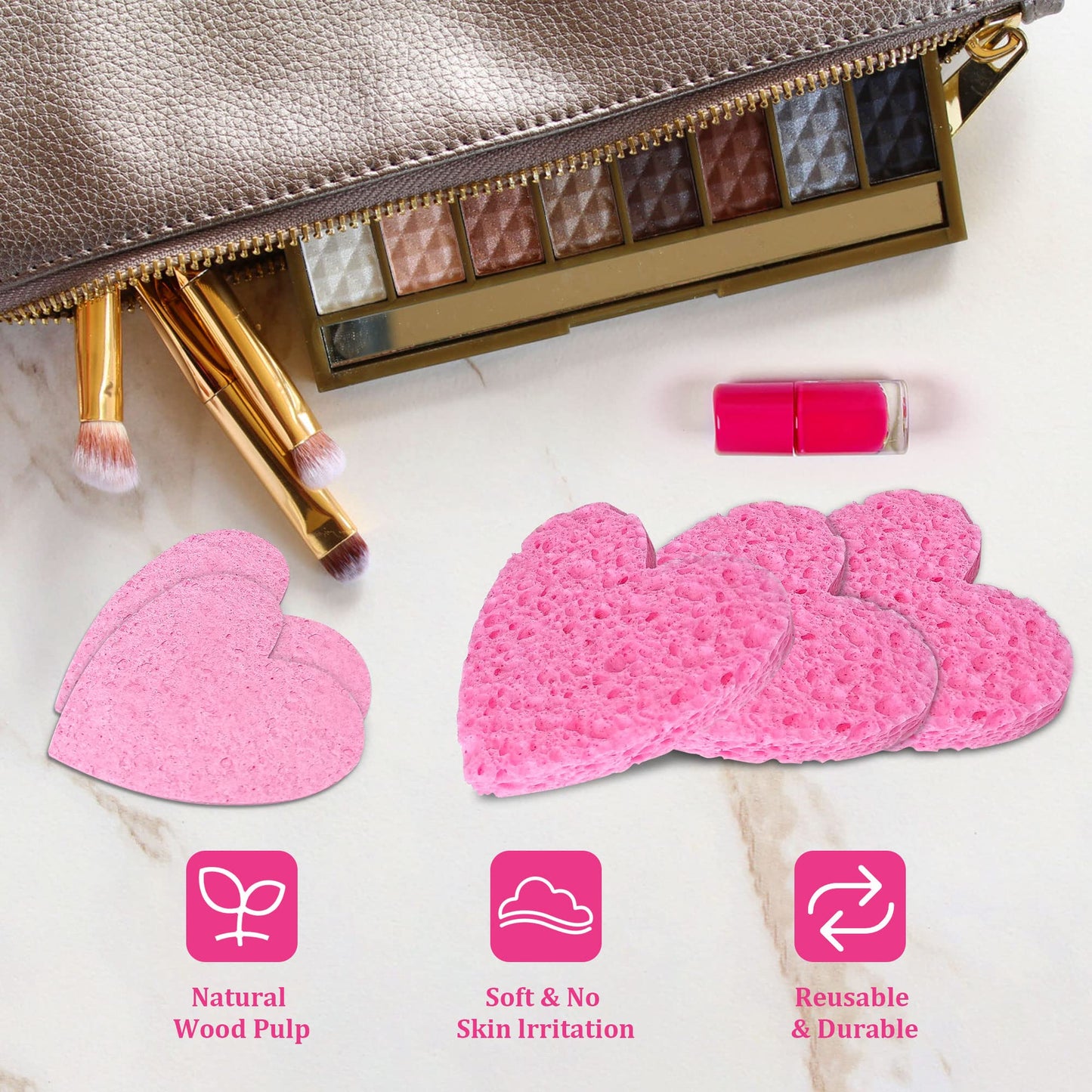 120-Count Kickleen Compressed Cellulose Heart Shape Facial Sponges | Natural Cosmetic Spa Sponges for Facial Cleansing | Exfoliating | Makeup Mask Removal | Reusable | Skin Massage (120 Count (Pink))