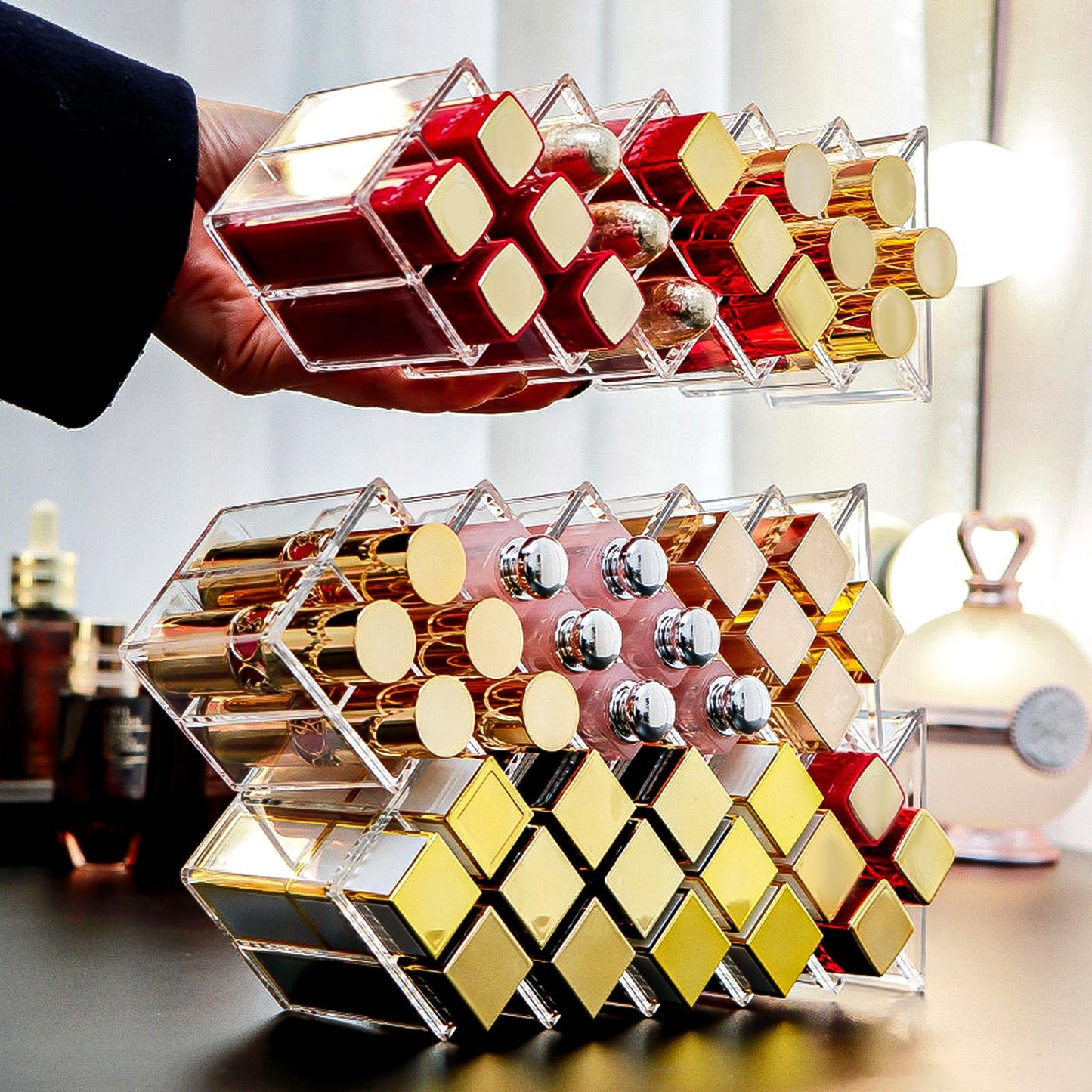 6 Pack Acrylic Lipstick Holder Organizer 96 Slots Clear Lip Gloss Holder Organizers Stackable Fish Shape Lipsticks Tower Lipstick Case Display Stand Storage Box for Makeup Cosmetic Vanity drawer