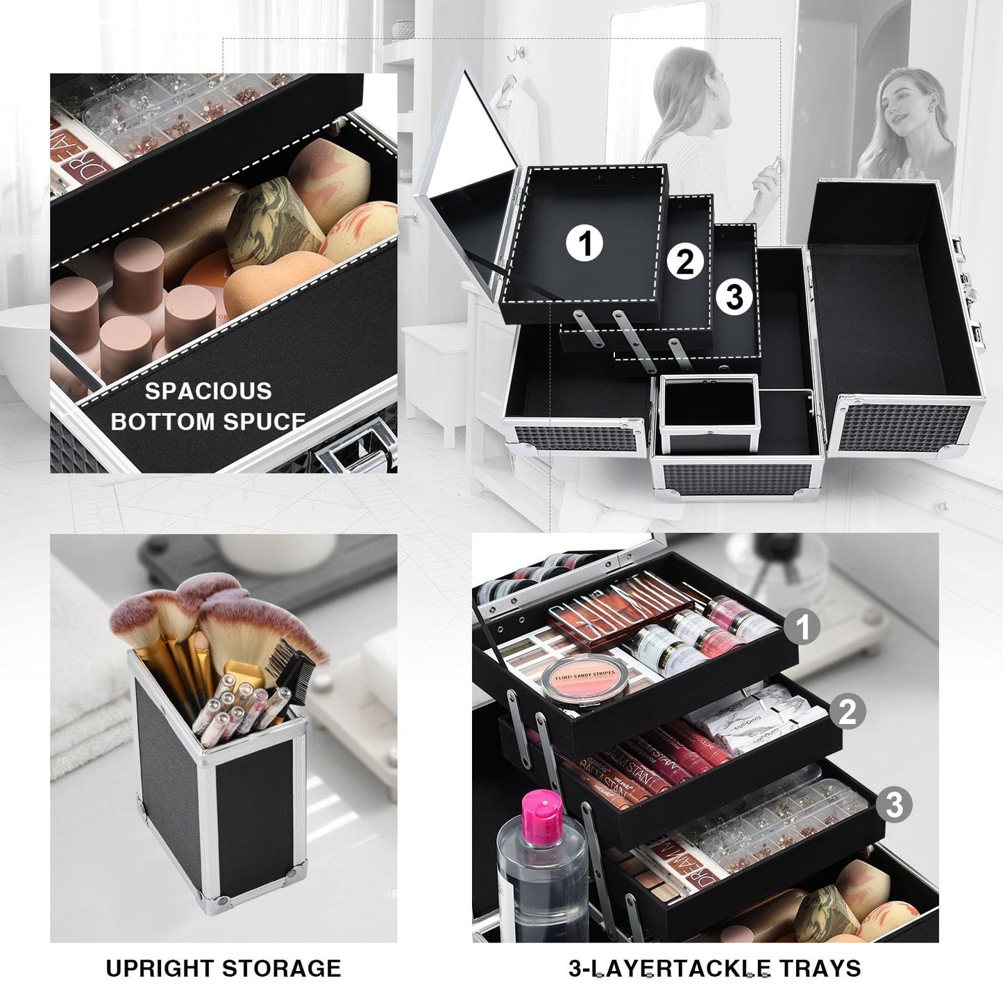 Joligrace 3-Tray Makeup Case with Mirror & Brush Holder, 11.6" Shine Black