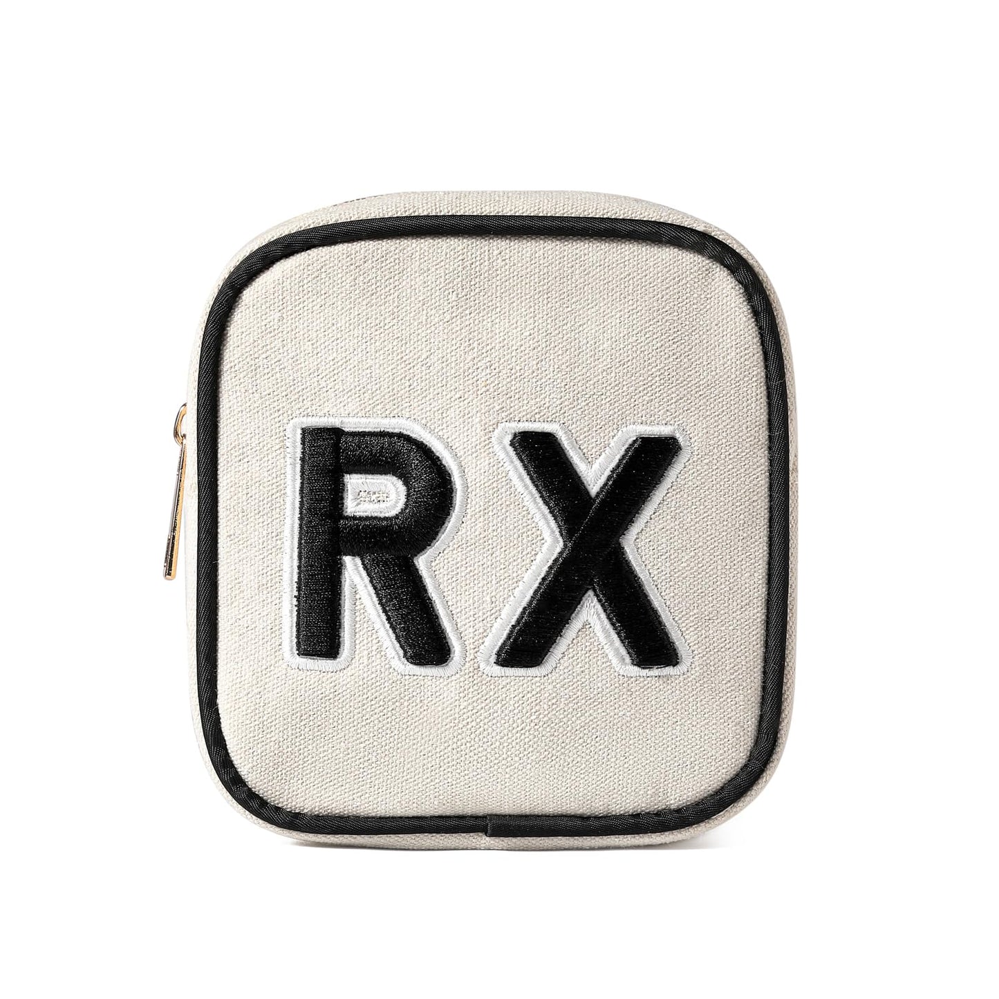 uekeboag Personalized Small Canvas Medicine Cosmetic Bag, Cute Plaid Pattern Chenille Letter Patch RX Drug Pouch with Zipper, Makeup Travel Gift Bag for Women and Girls (11Beige Canvas)