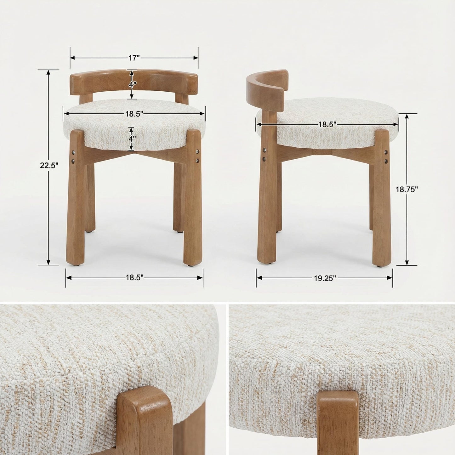 HNY Modern Chenille Vanity Chair & Ottoman: Upholstered Round Seat with Solid Wood Legs, for Makeup Dressing, Living Room Footrest or Piano Bench, Beige