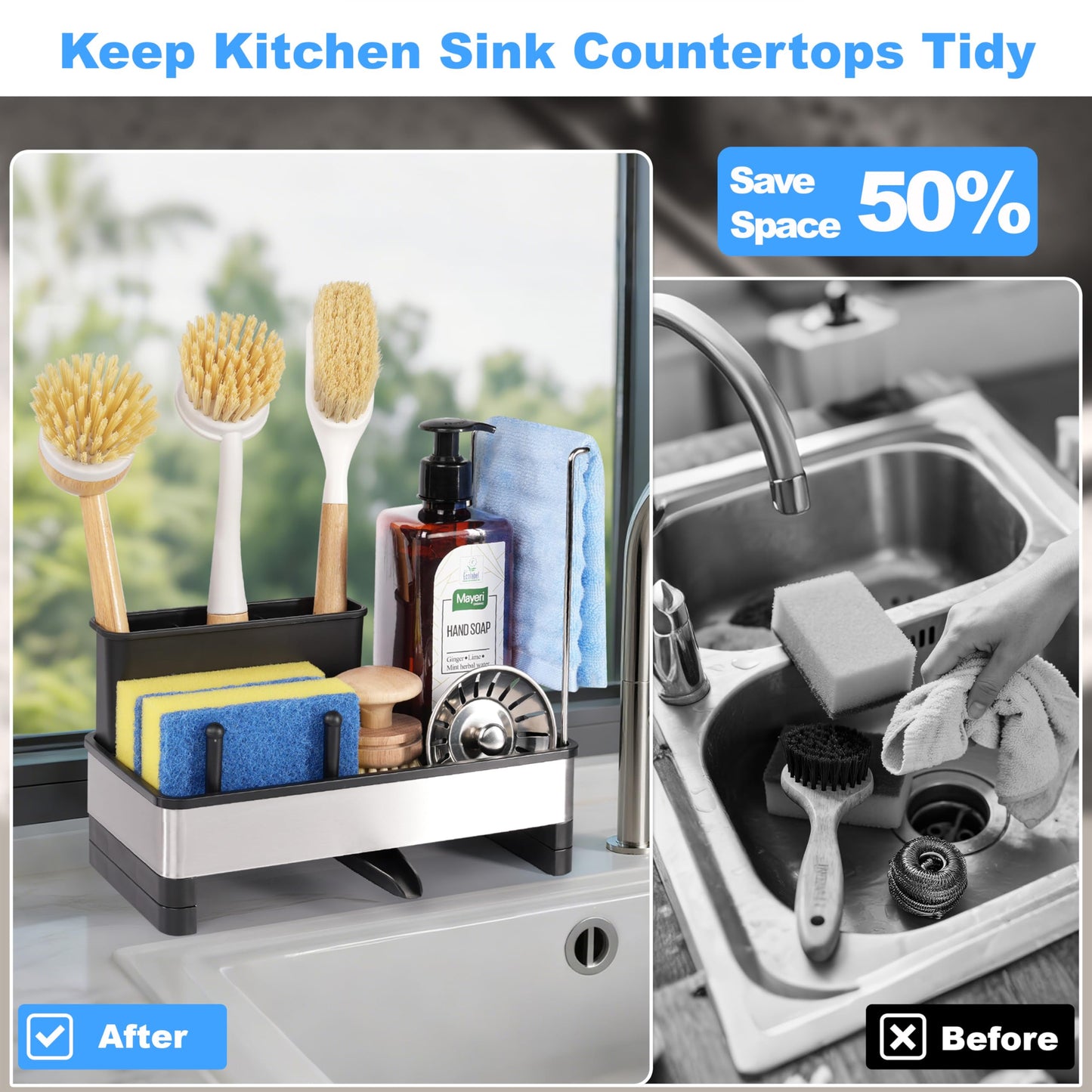 Ouletoy Kitchen Sink Caddy Organizer, Stainless Steel Sponge Holder, Kitchen Caddy Sink Organizer with Dish Brush Holder and Dishcloth Rack, Rustproof Dish Sponge Drying Rack for Countertop Storage
