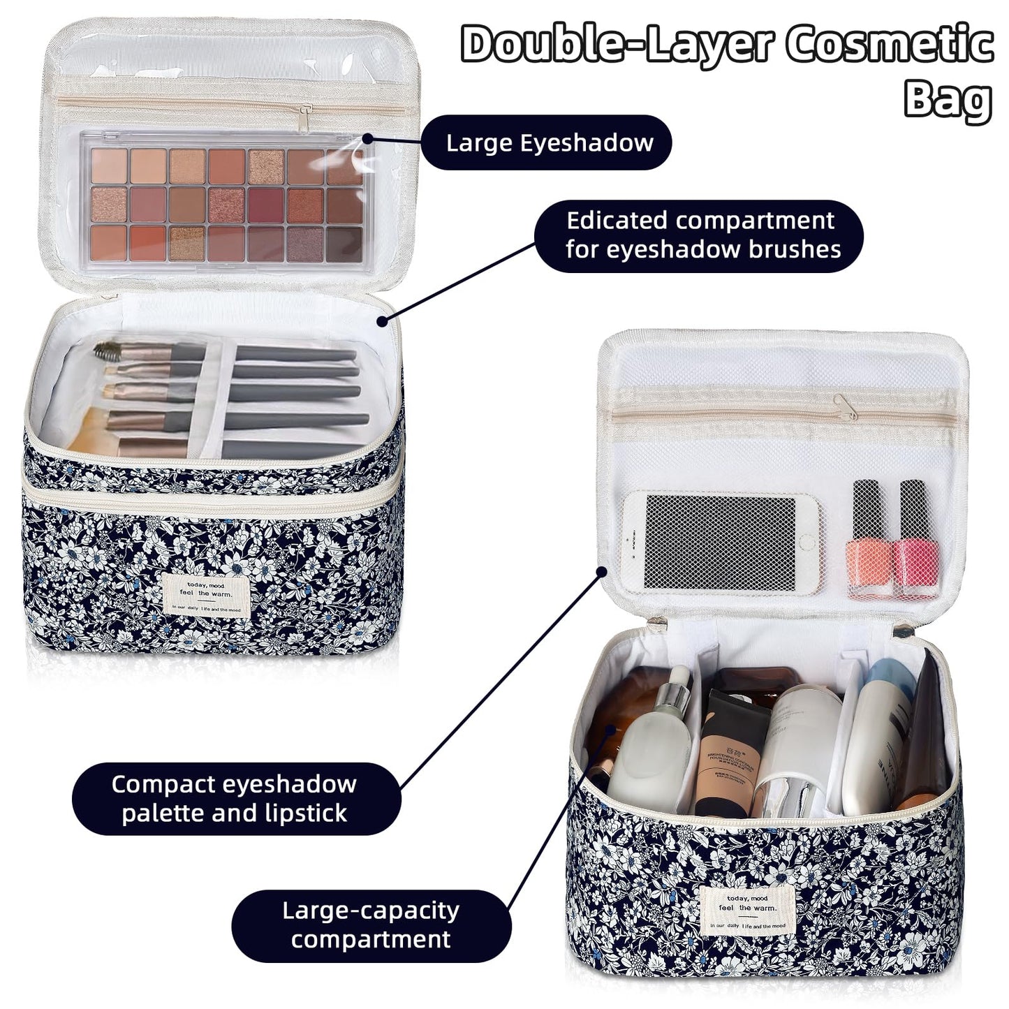 Gosect Makeup Bag, Portable Travel Make up Bag, Large Capacity Quilted Cosmetic Organizer Bag, Cute Floral Toiletry Bag for Women Girls (Black Rose)
