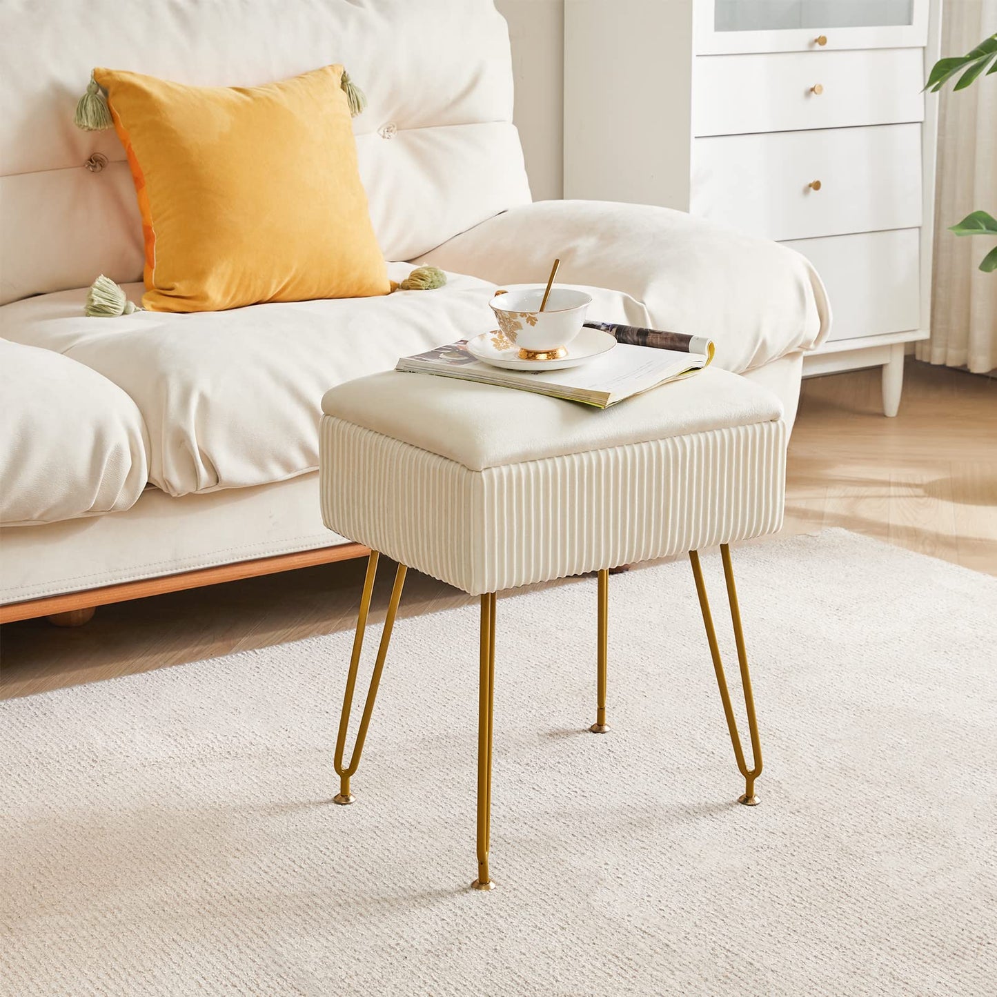 YMYNY Vanity Stool Chair with Storage, Square Ottoman Foot Stool, Modern Multifunctional Makeup Stool for Bedroom, Living Room, Office, Gold Legs, 18.9 * 15.75 * 11.6", Beige, UHBD024M