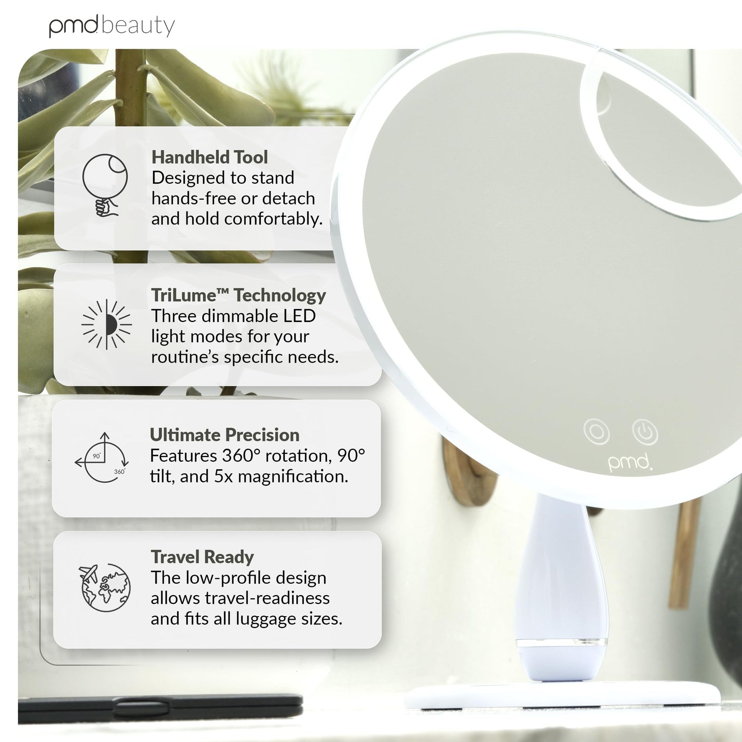 PMD Beauty Reflect Pro LED Makeup Mirror with Lights - TriLume Technology - Handheld Vanity Mirror - Three Modes, 360° Rotation, 5X Magnification, Travel Ready