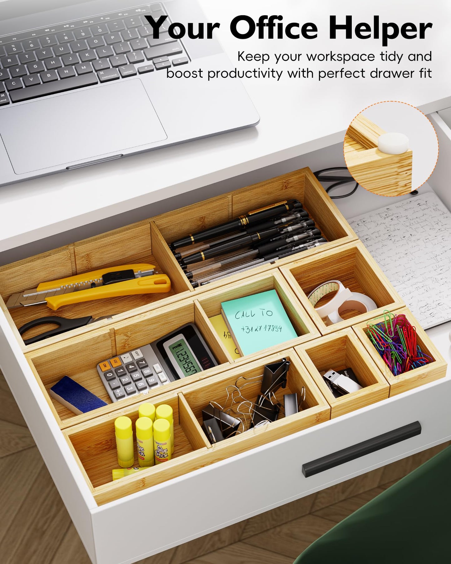 VA1KENE Bamboo Drawer Organizer Set, 6 PCS Desk Drawer Organizer Trays with 12 Compartments, Wood Storage Boxes for Junk Drawer, Kitchen Utensils, Office Supplies, Makeup, Jewelry, Bathroom